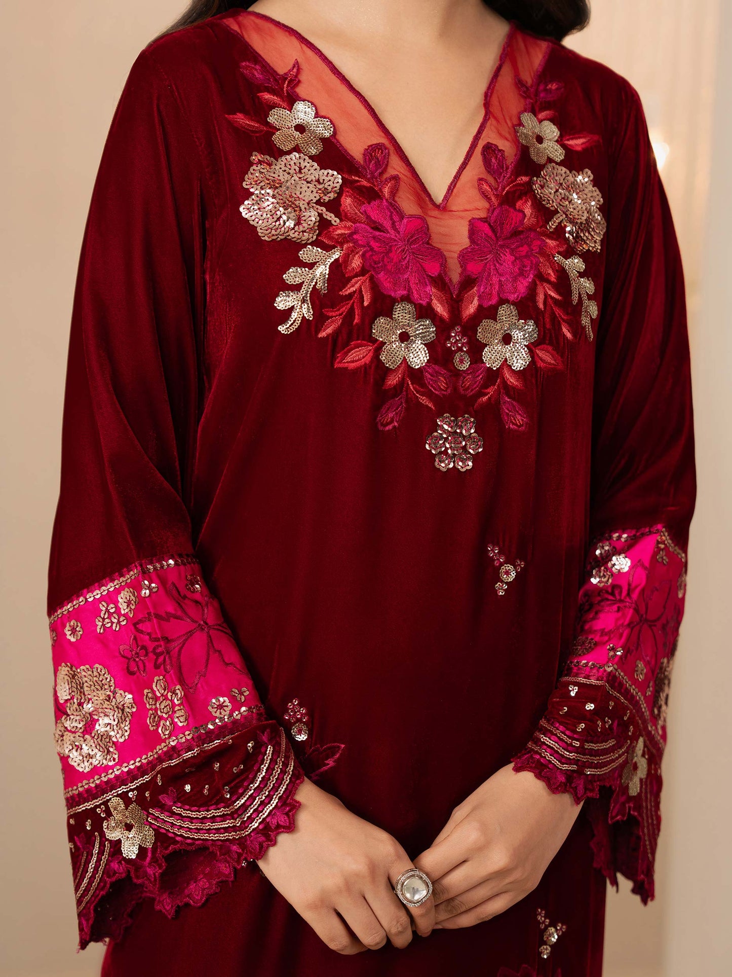 2 Piece Velvet Suit-Embroidered (Pret)