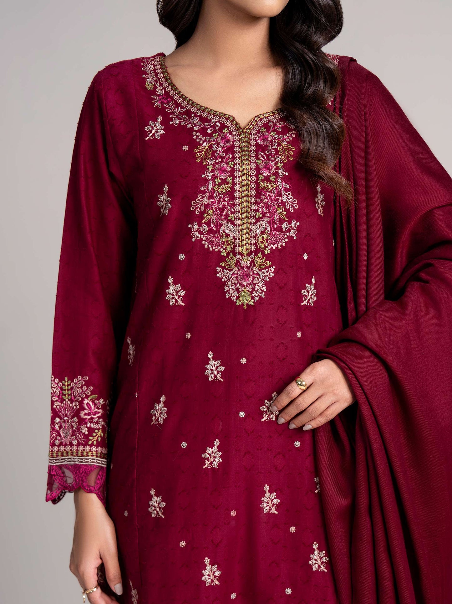 3 Piece Self Jacquard Suit- Embroidered (Pret)