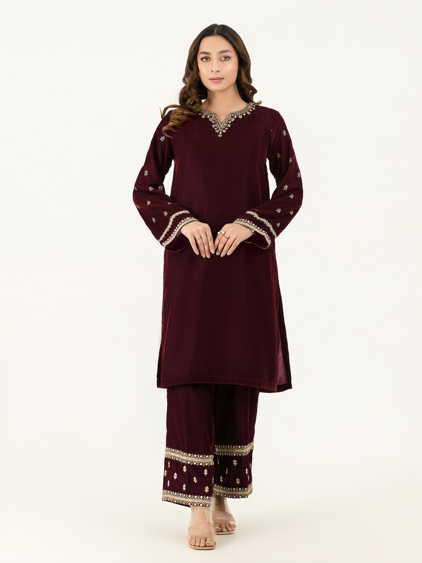 2 Piece Velvet Suit-Embroidered (Pret)