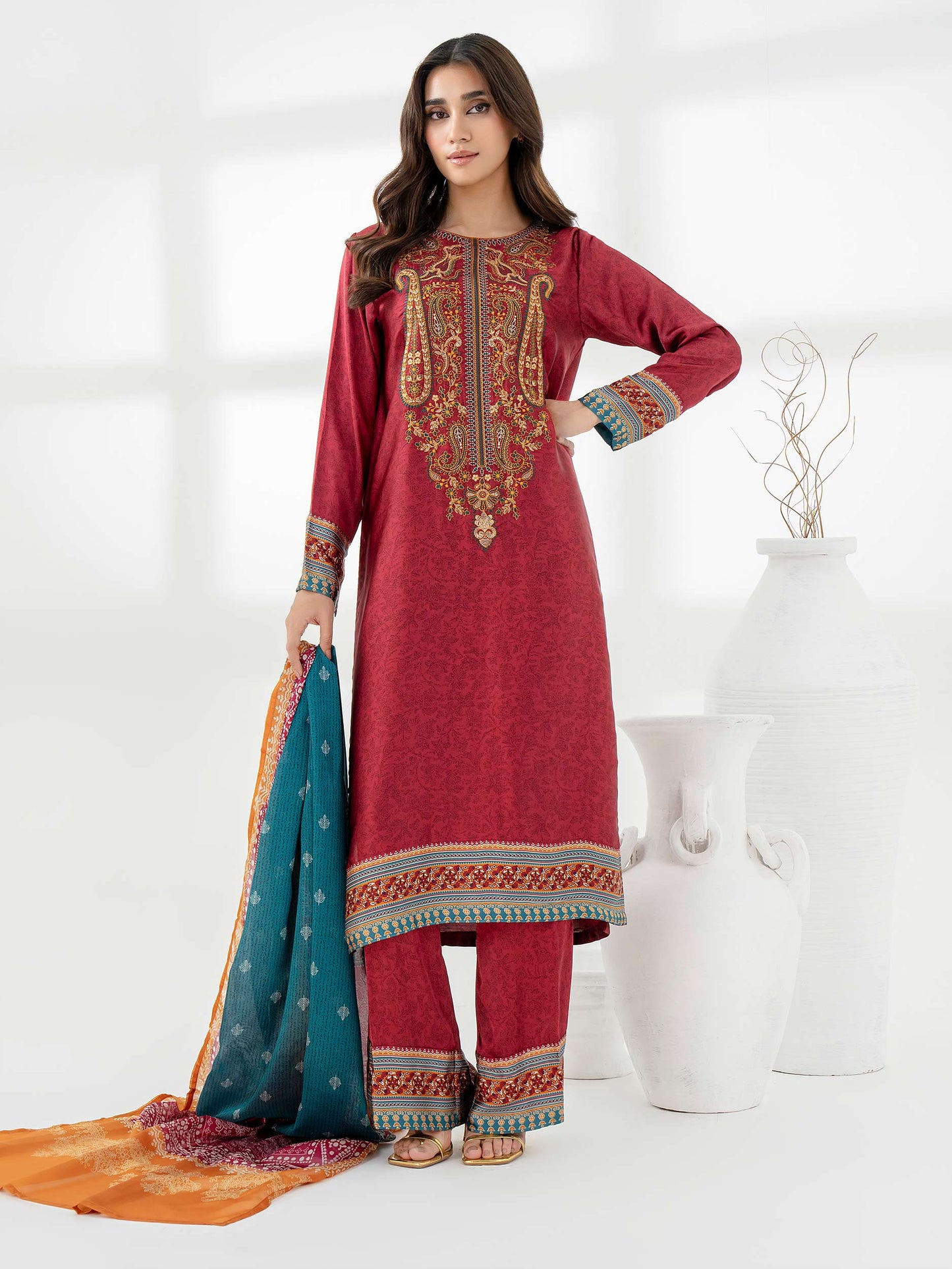 3 Piece Silk Suit-Embroidered (Pret)