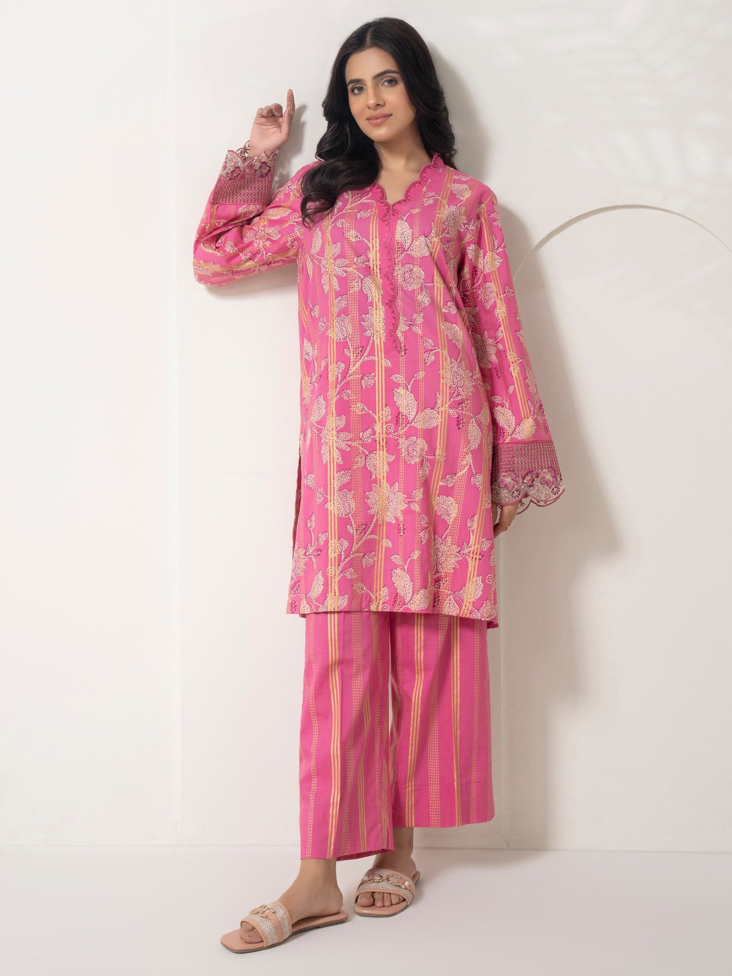 2 Piece Satin Suit-Embroidered  (Pret)