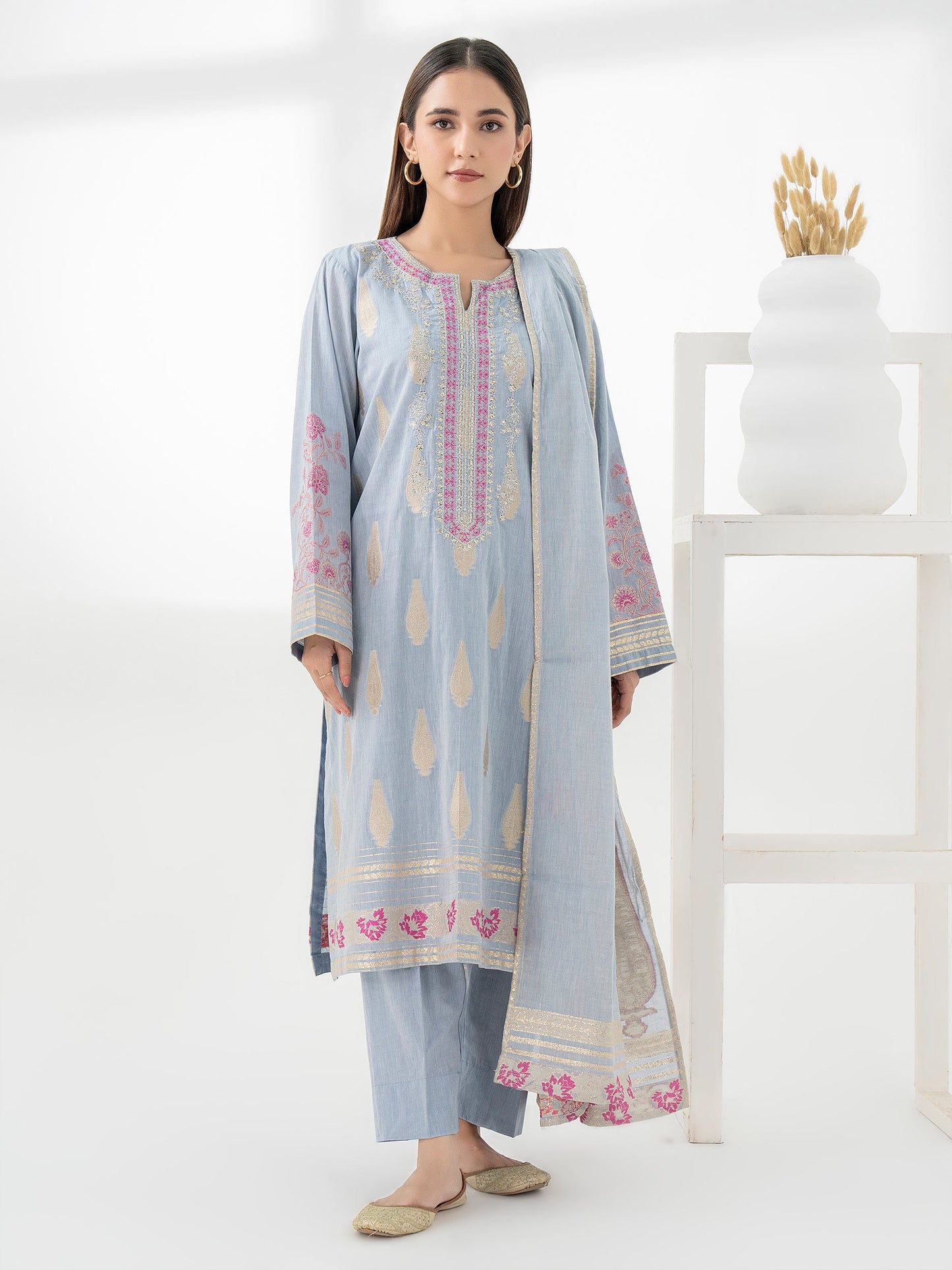 3 Piece Jacquard Suit-Embroidered (Pret)