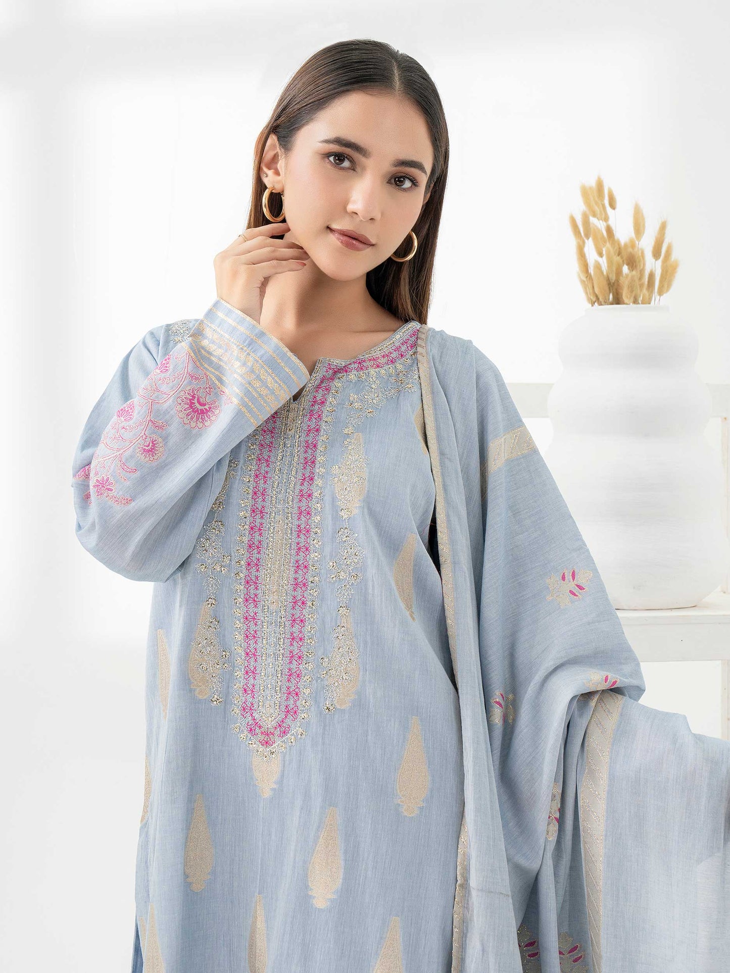 3 Piece Jacquard Suit-Embroidered (Pret)