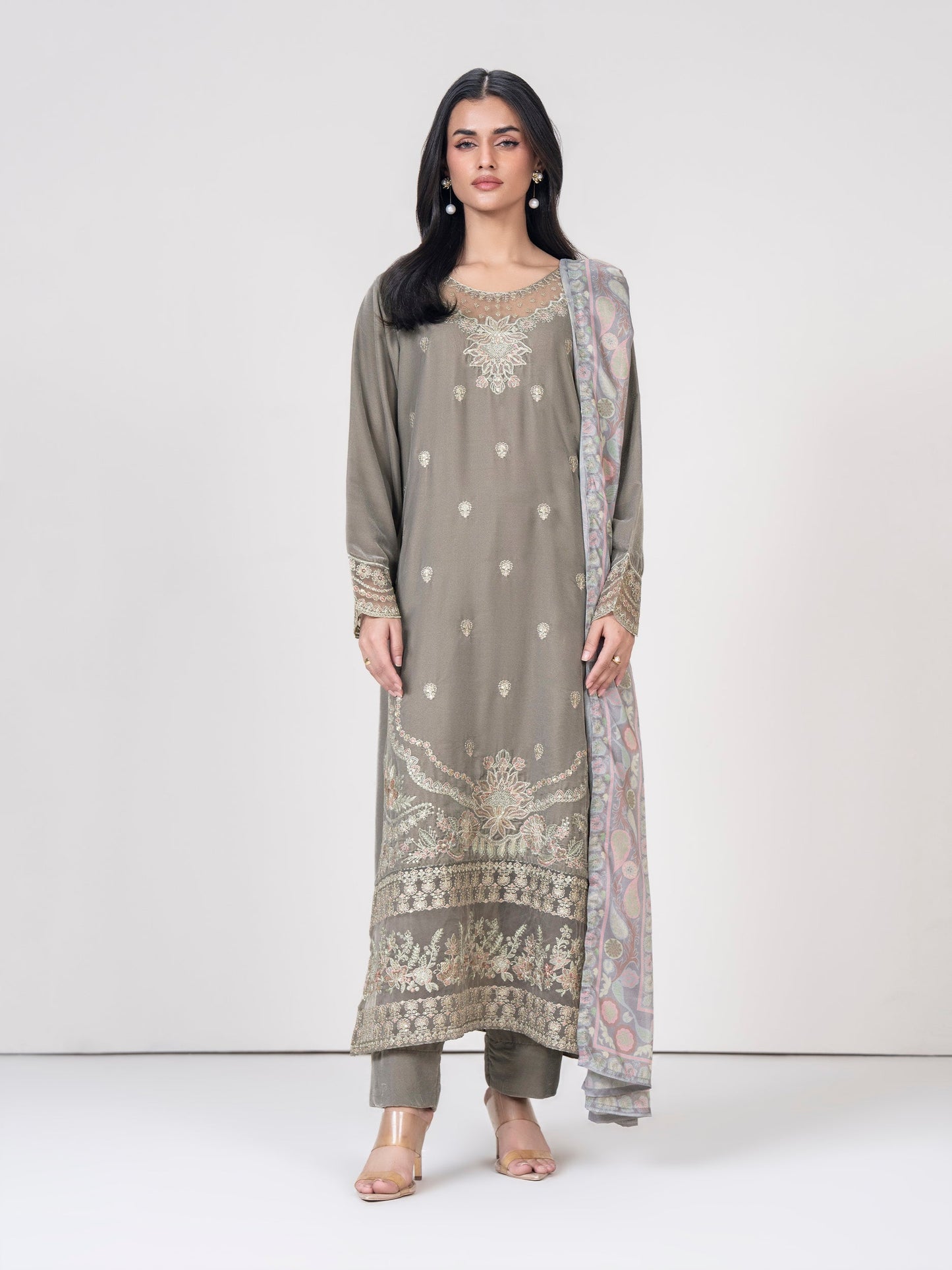 3 Piece Velvet Suit- Embroidered (Pret)