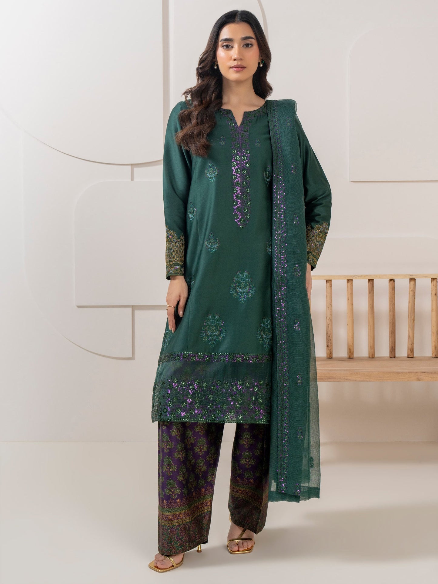3 Piece Satin Suit-Embroidered (Pret)