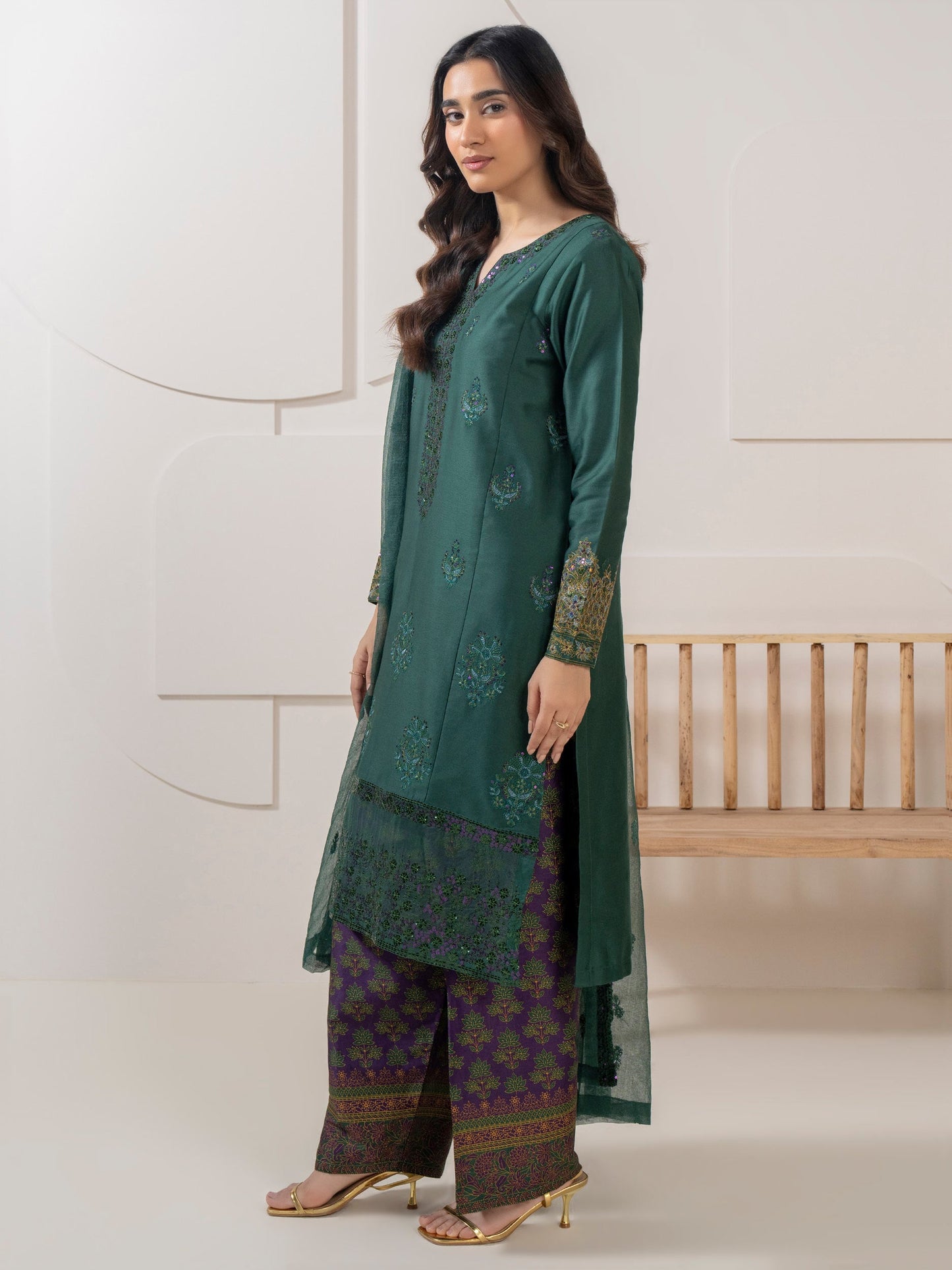 3 Piece Satin Suit-Embroidered (Pret)