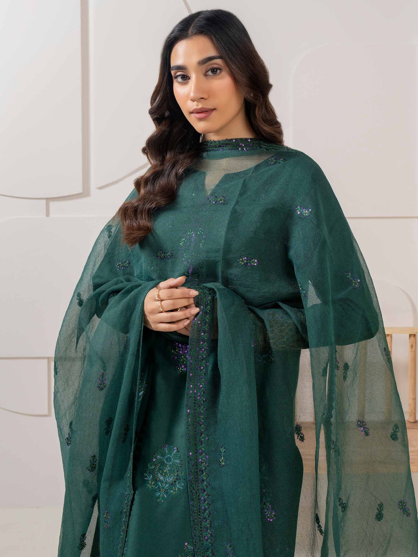 3 Piece Satin Suit-Embroidered (Pret)