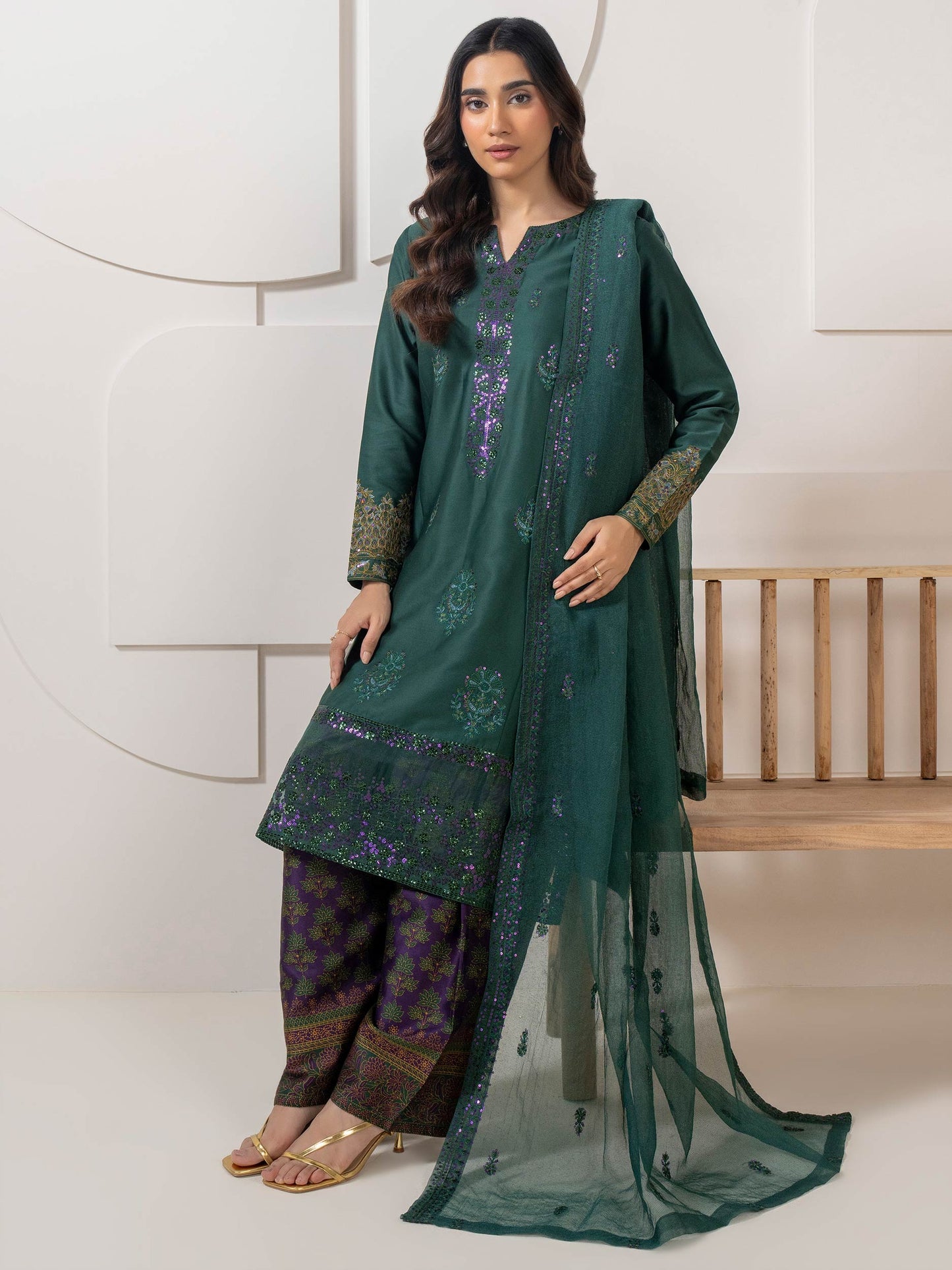 3 Piece Satin Suit-Embroidered (Pret)
