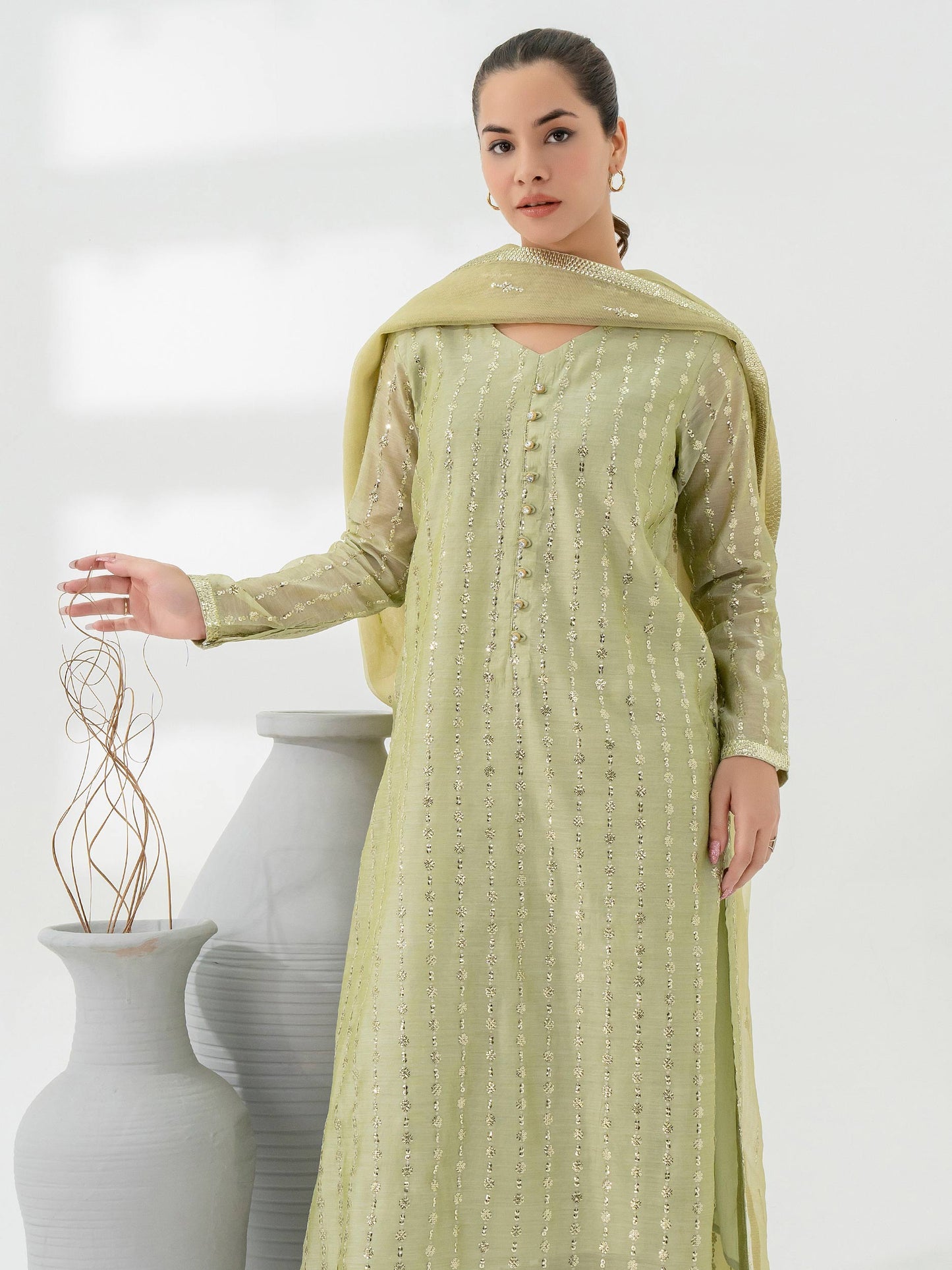 3 Piece Raw Silk Suit-Embroidered (Pret)