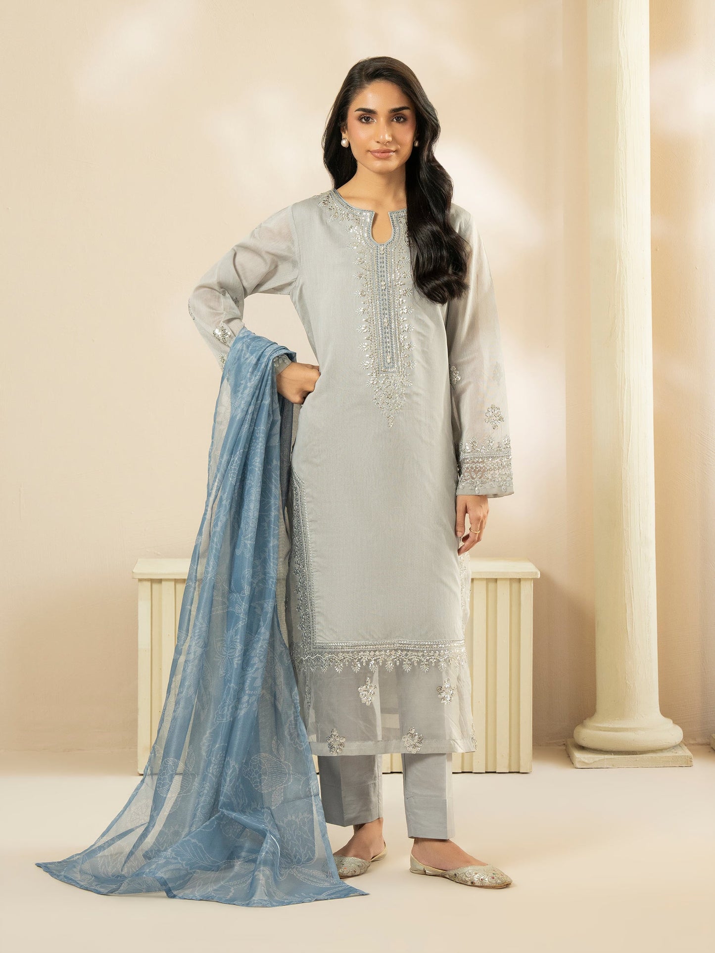 3-Piece Raw Silk Suit-Embroidered (Pret)