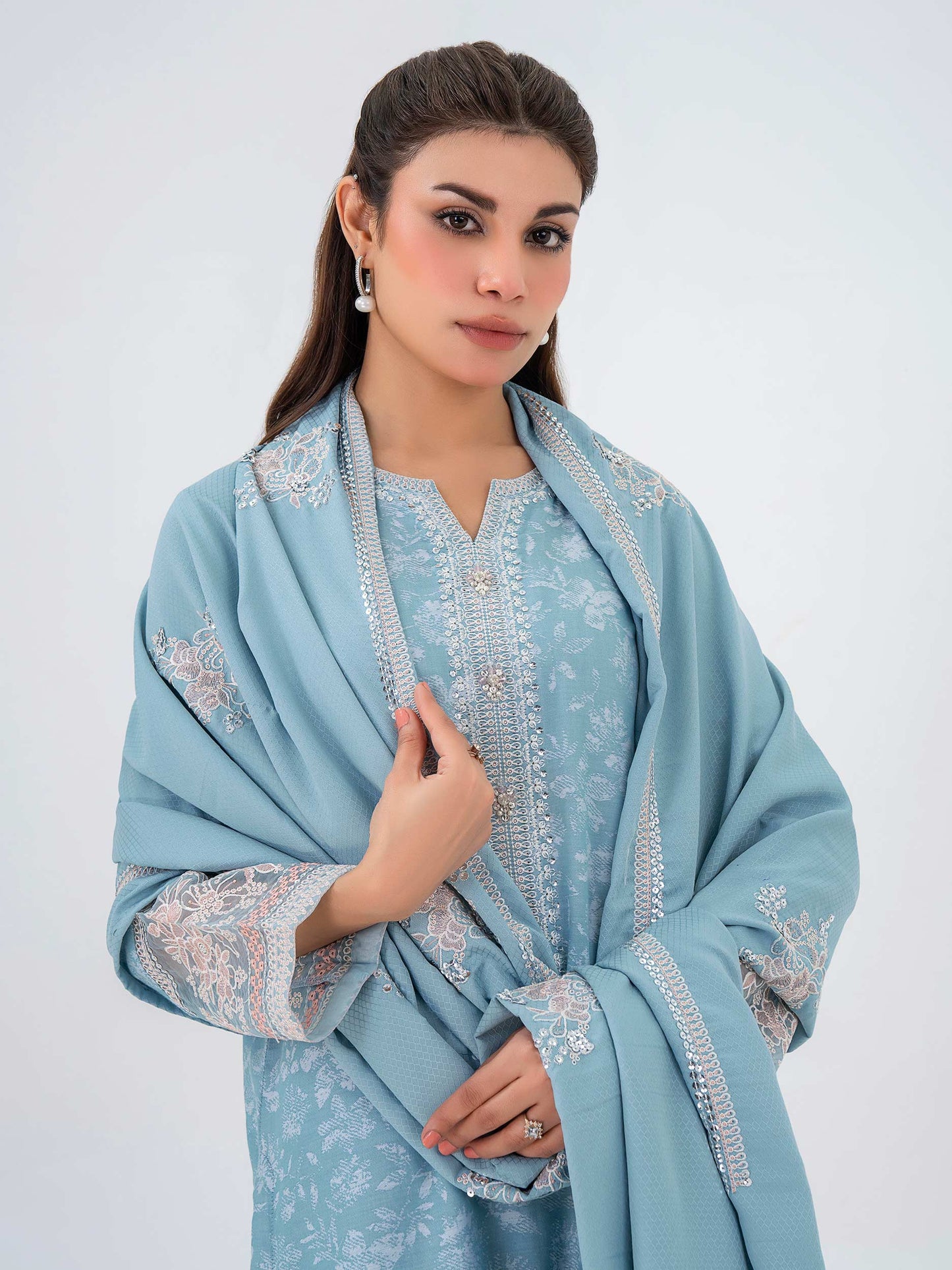 3 Piece Jacquard Suit-Embroidered (Pret)