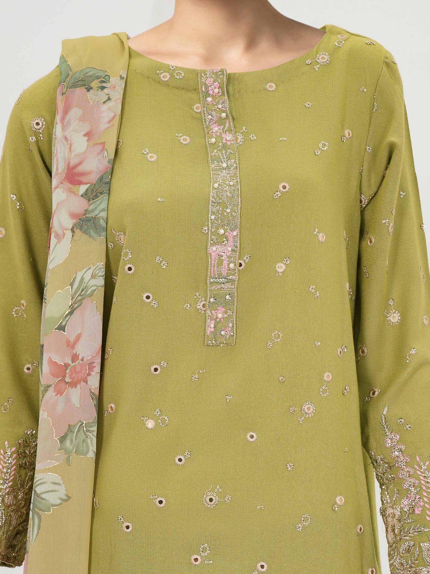 3 Piece Zari Slub Suit- Embroidered (Pret)