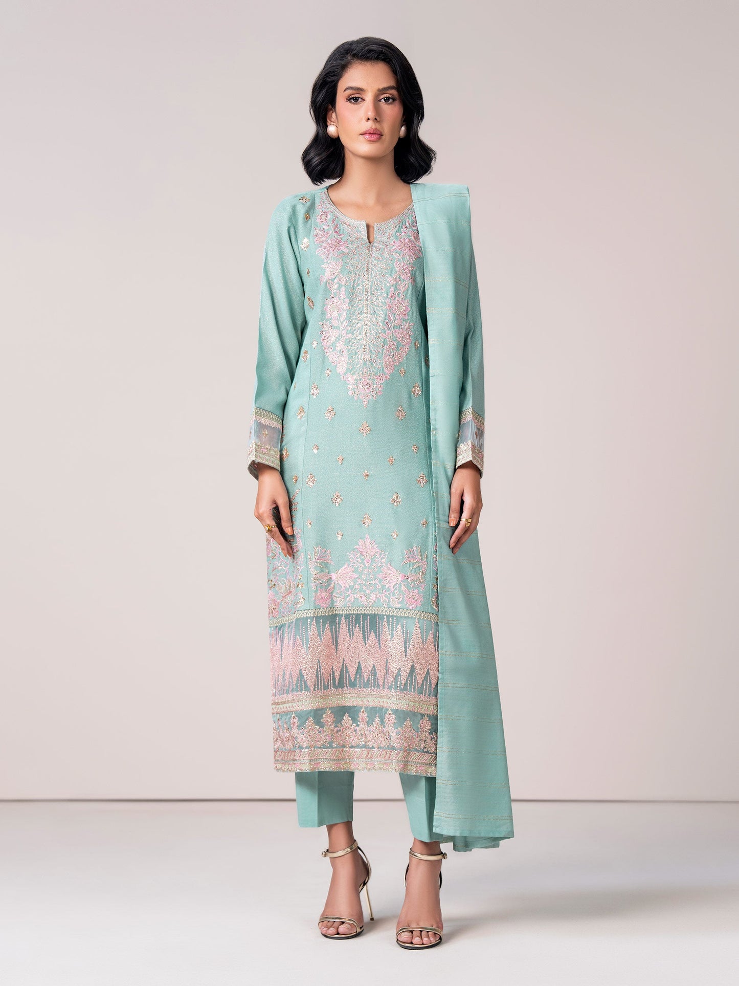 3 Piece Zari Karandi Suit- Embroidered (Pret)