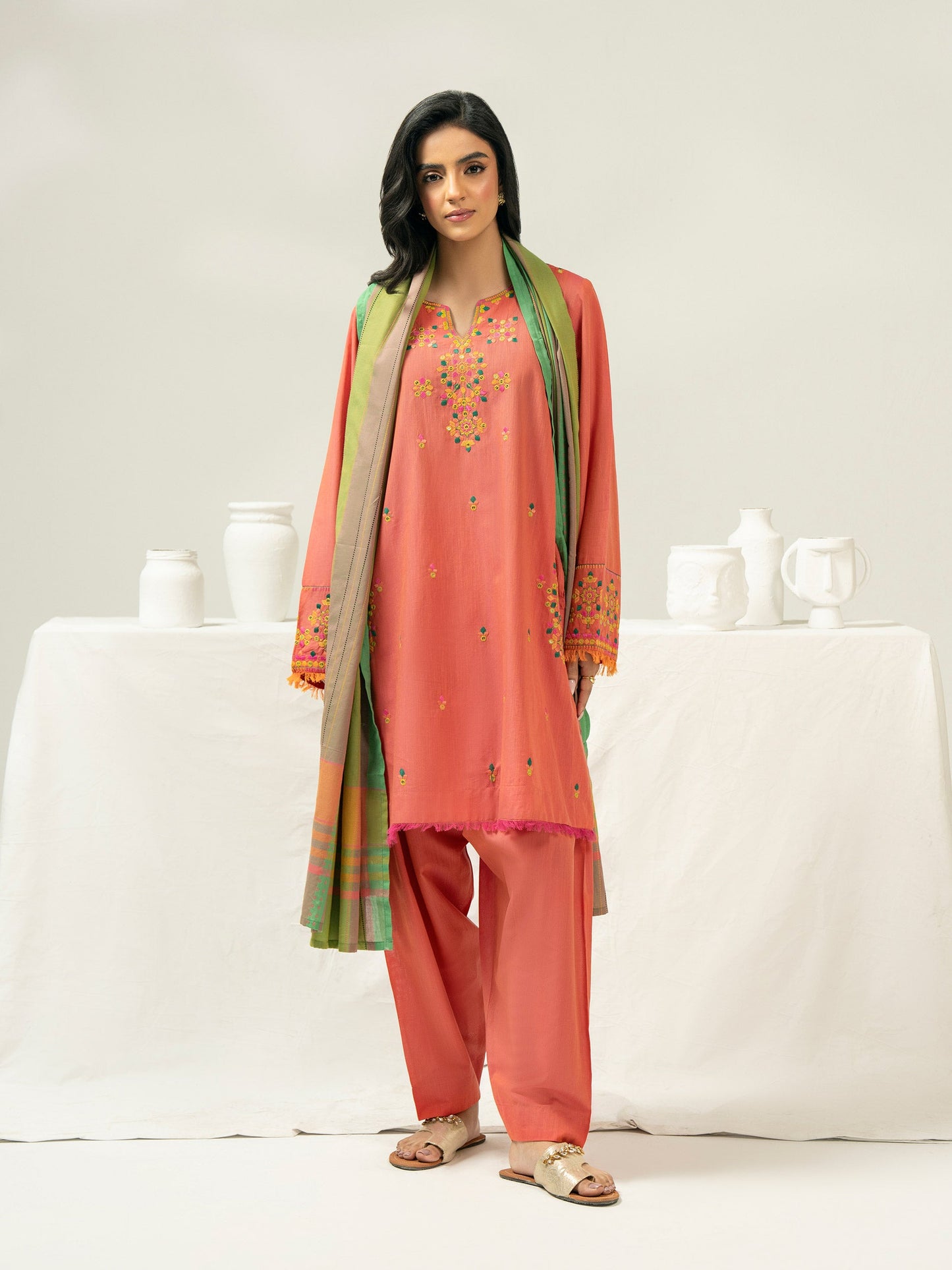 3 Piece Chambray Suit-Embroidered (Pret)