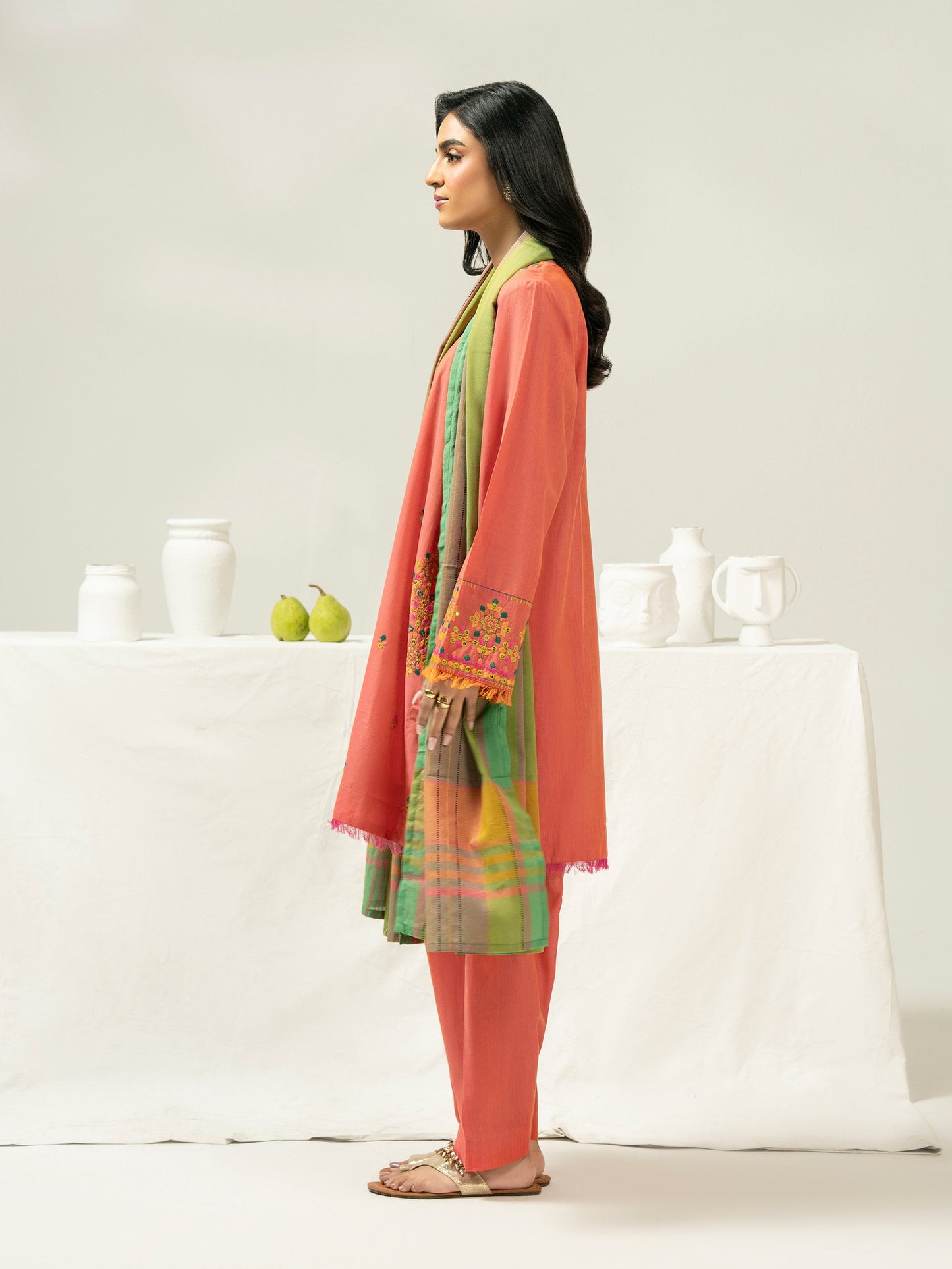 3 Piece Chambray Suit-Embroidered (Pret)