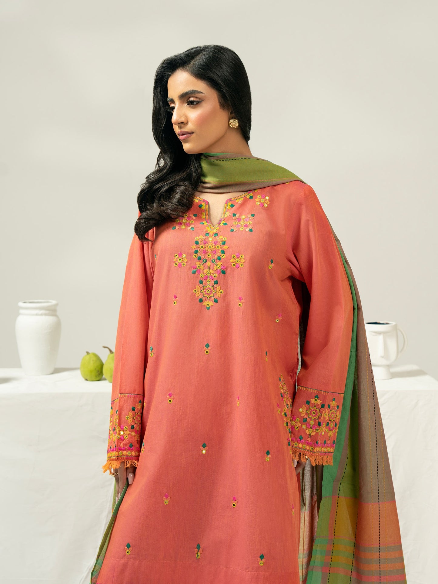 3 Piece Chambray Suit-Embroidered (Pret)