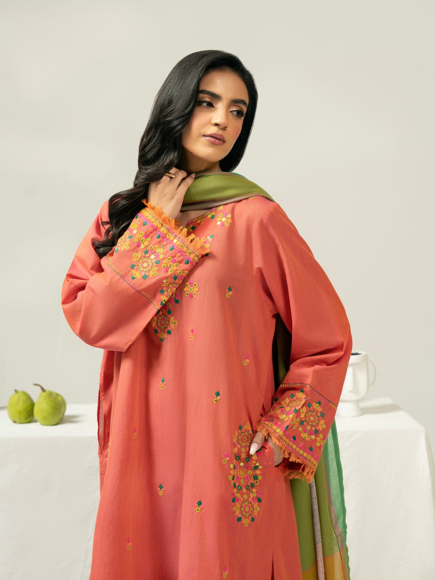 3 Piece Chambray Suit-Embroidered (Pret)