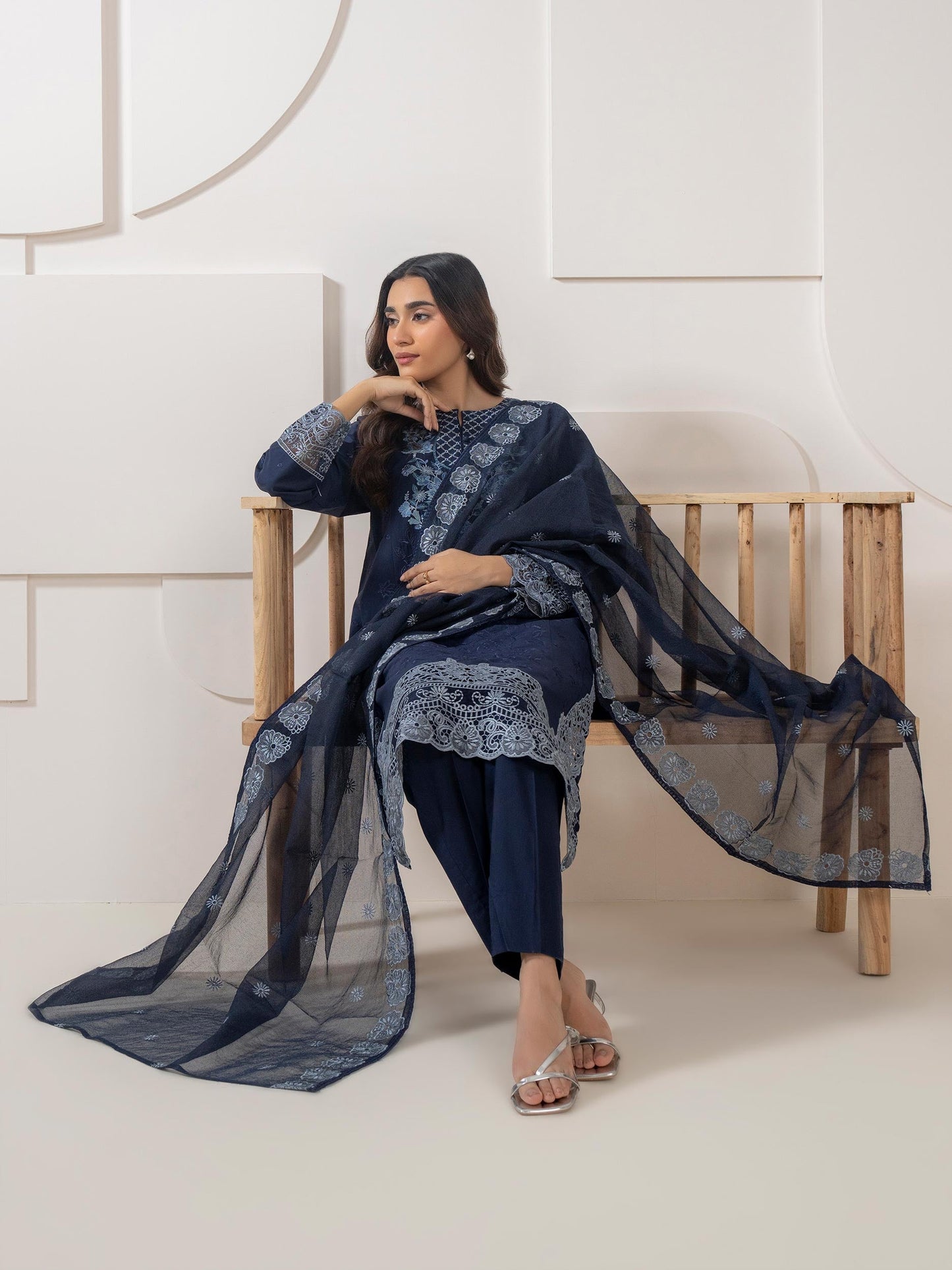 3 Piece Satin Suit-Embroidered (Pret)