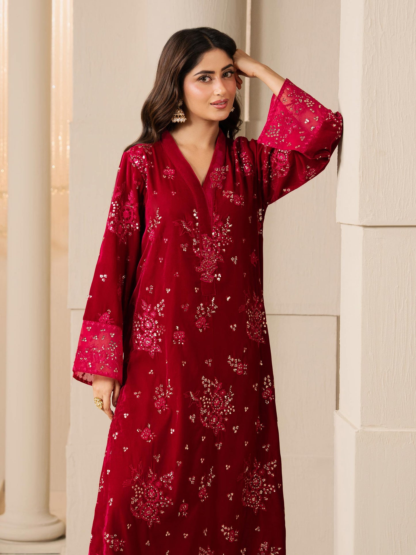 2 Piece Velvet Suit-Embroidered (Pret)