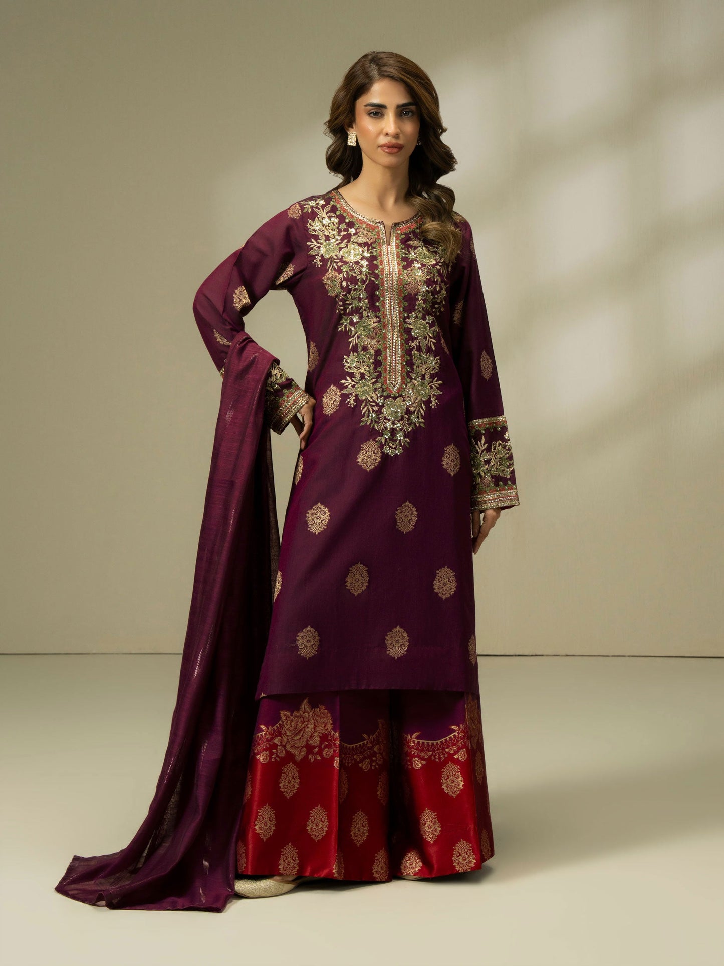 3 Piece Jacquard Suit-Embroidered (Pret)