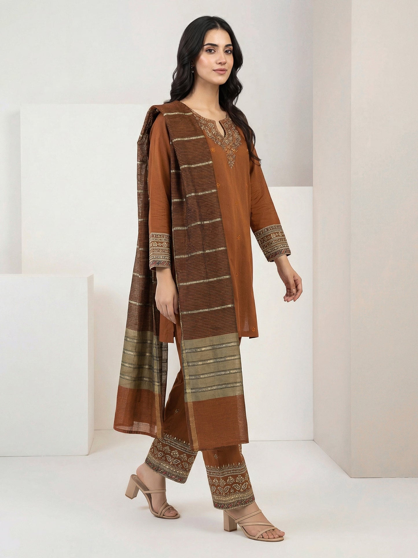 3 Piece Cotton Net Suit- Embroidered (Pret)