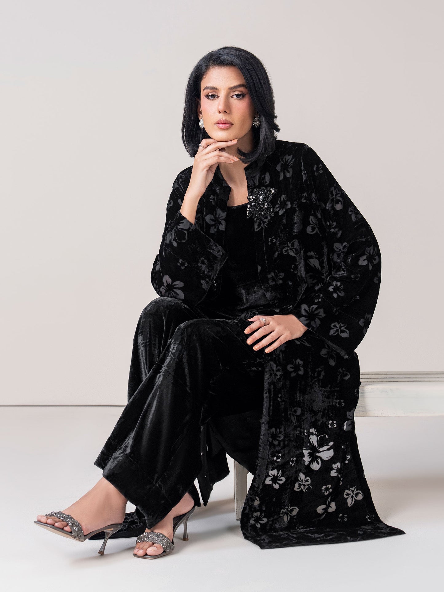 2-Piece Cardigan Velvet Suit- Embellished (Pret)