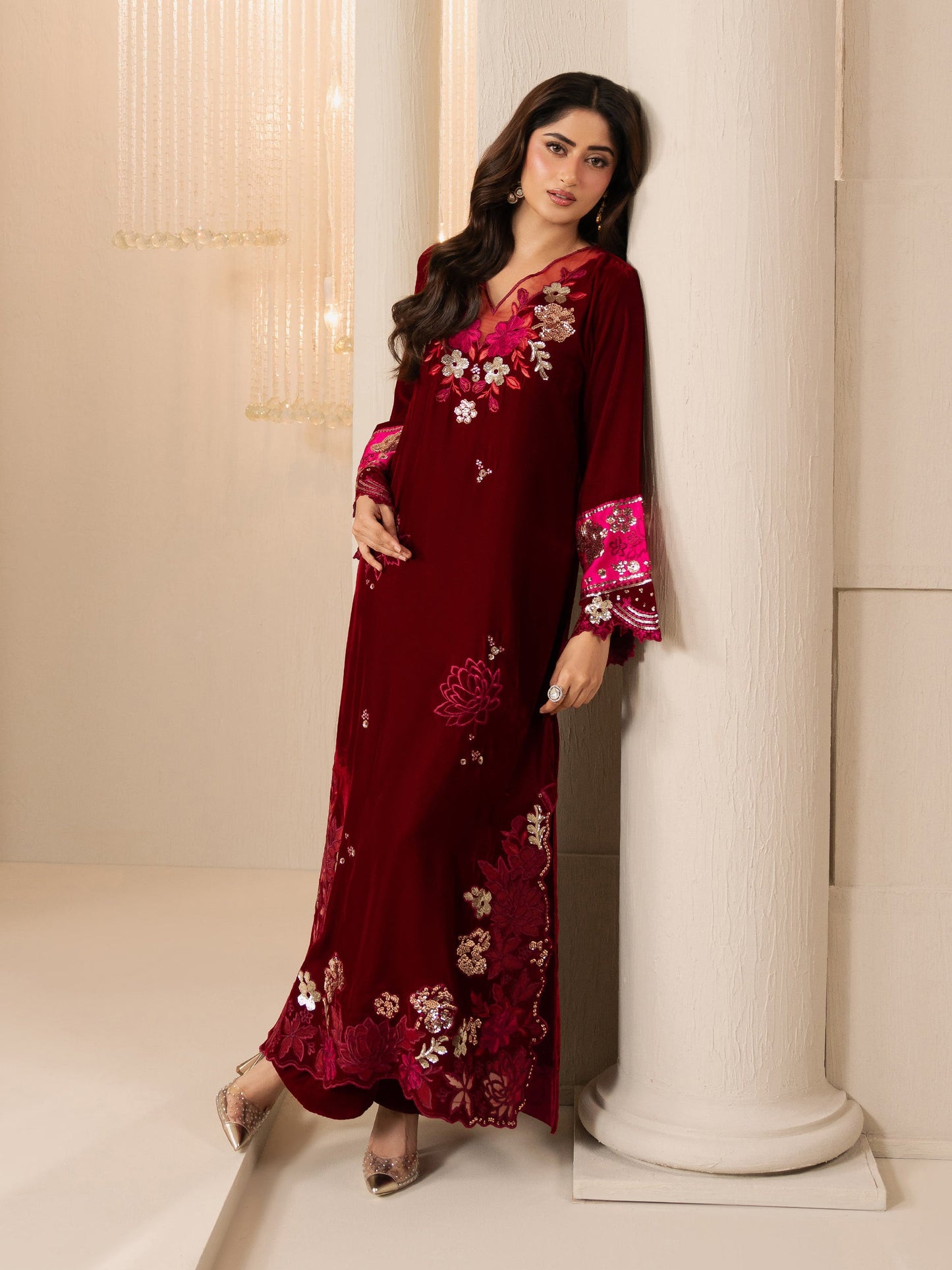 2 Piece Velvet Suit-Embroidered (Pret)
