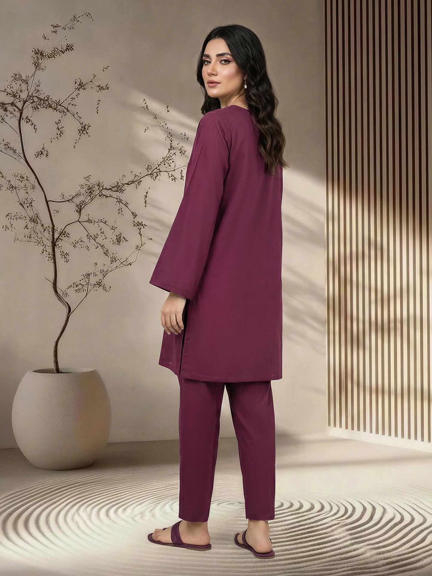 2 Piece Cambric Slub Suit- Embroidered (Pret)