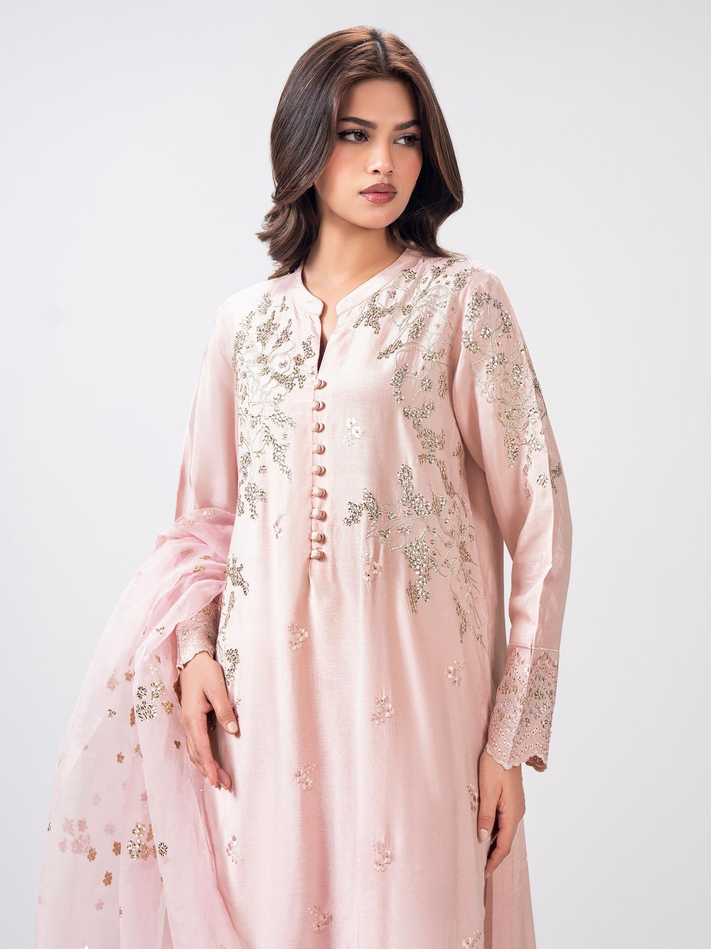 3 Piece Oak Silk Suit- Embroidered (Pret)