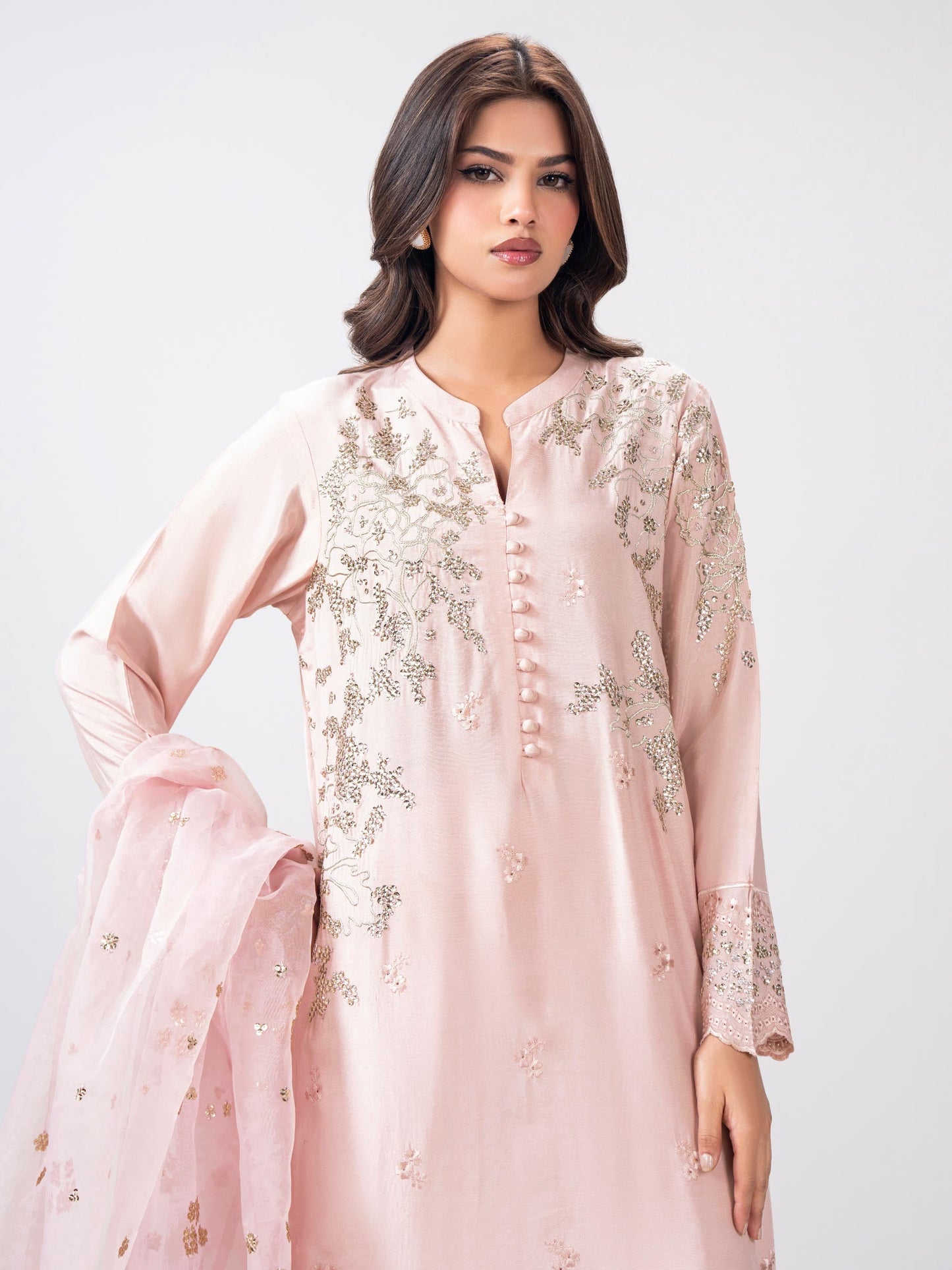 3 Piece Oak Silk Suit- Embroidered (Pret)
