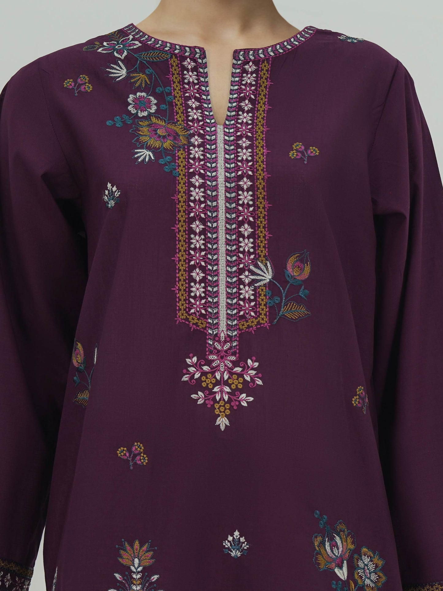 2 Piece Cambric Slub Suit- Embroidered (Pret)