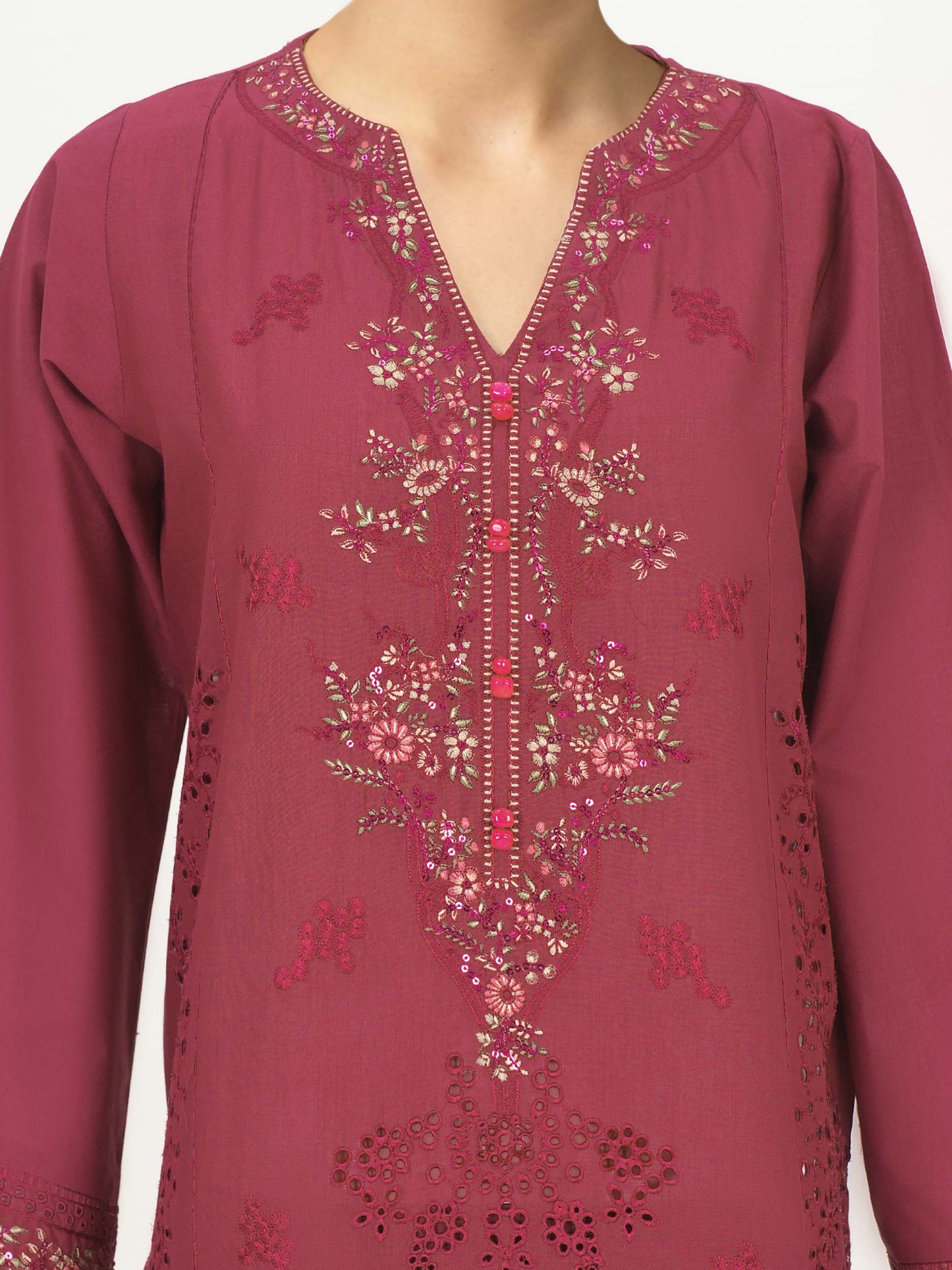 3 Piece Cambric Slub Suit- Embroidered (Pret)