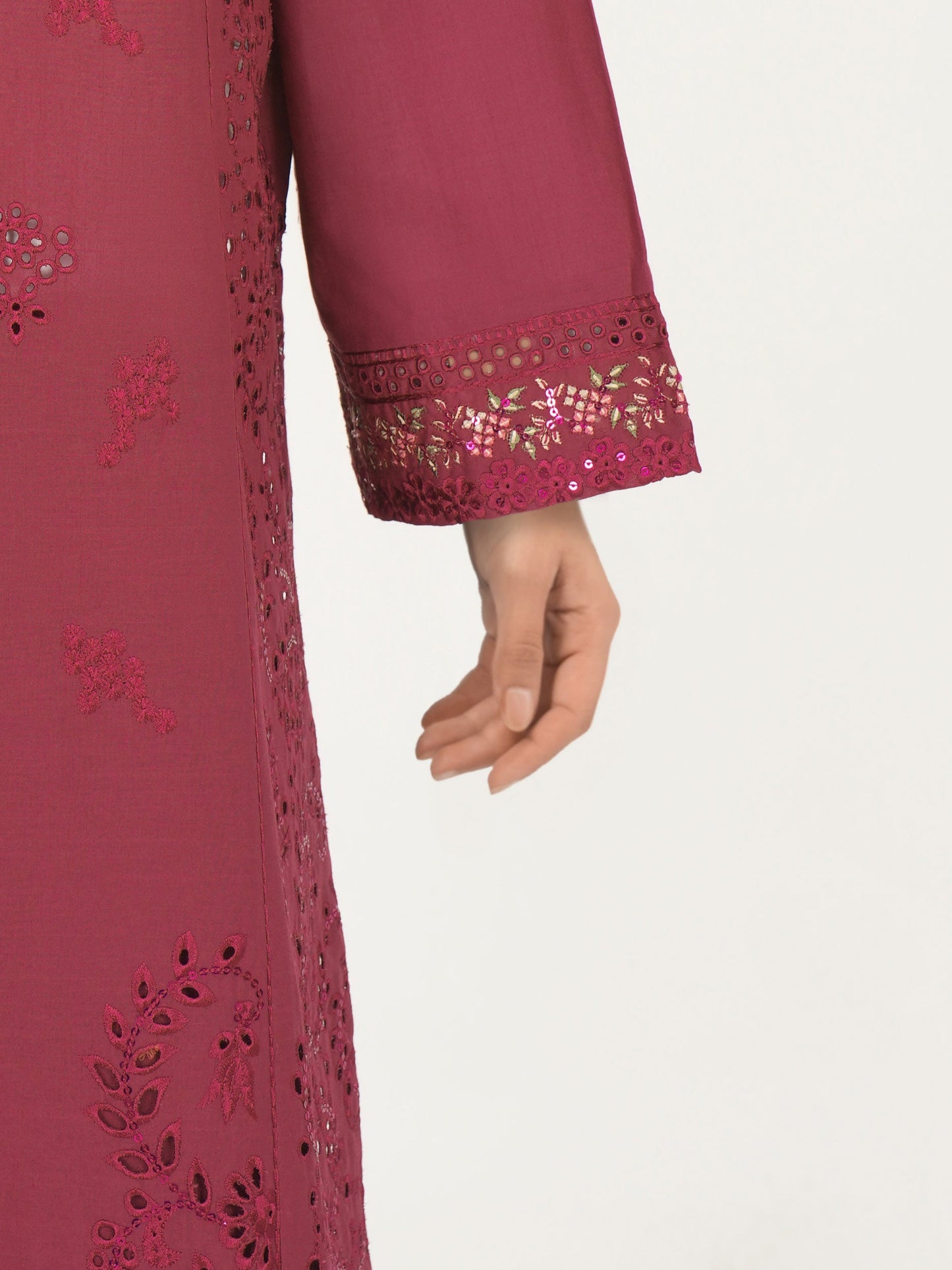 3 Piece Cambric Slub Suit- Embroidered (Pret)