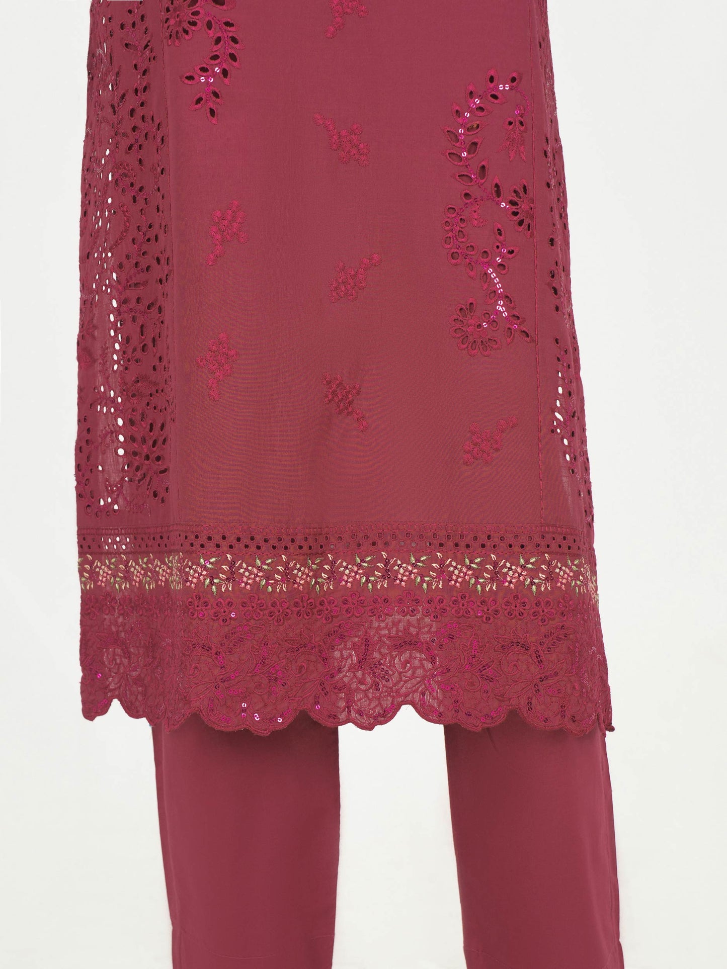 3 Piece Cambric Slub Suit- Embroidered (Pret)