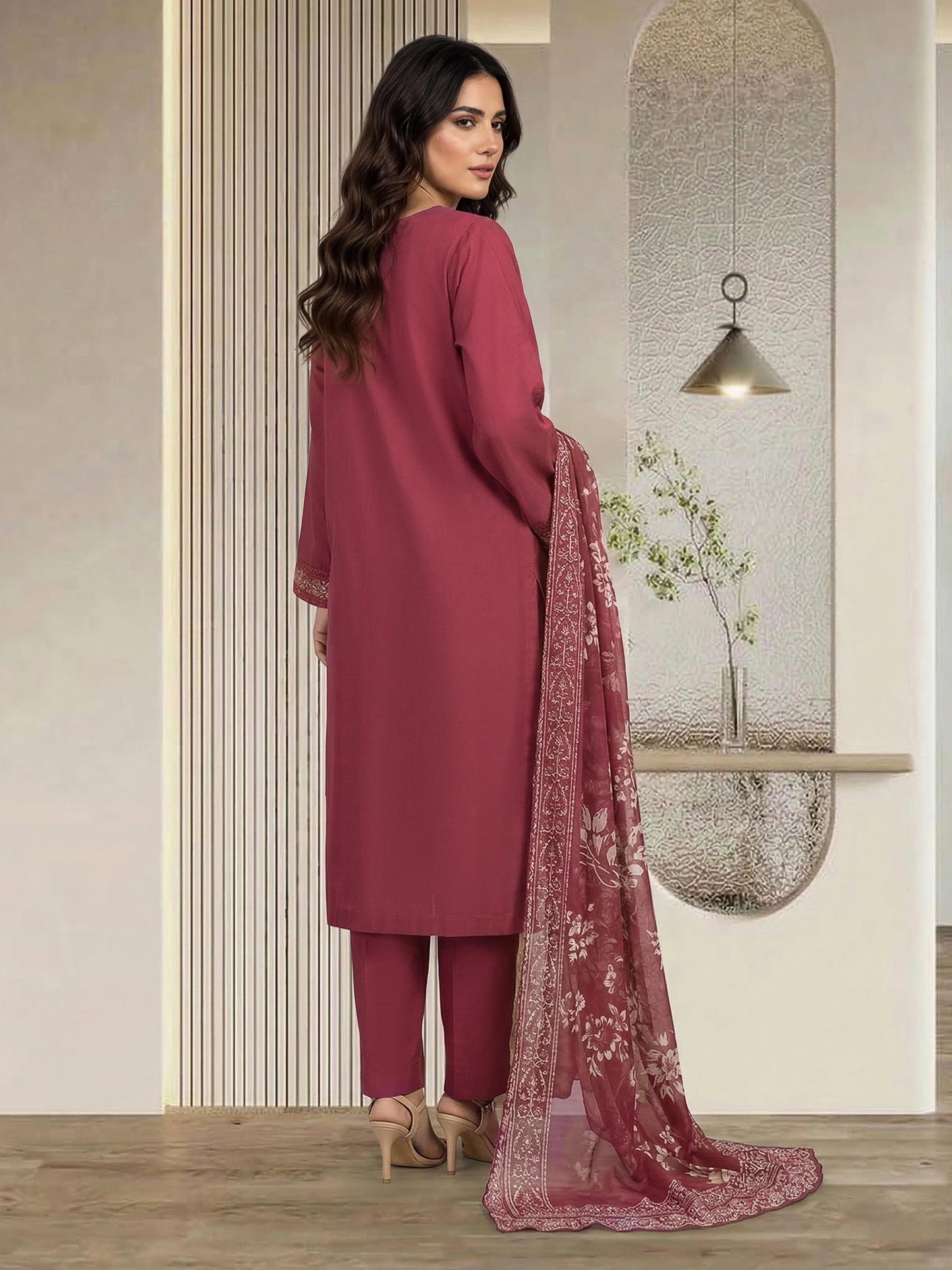 3 Piece Cambric Slub Suit- Embroidered (Pret)