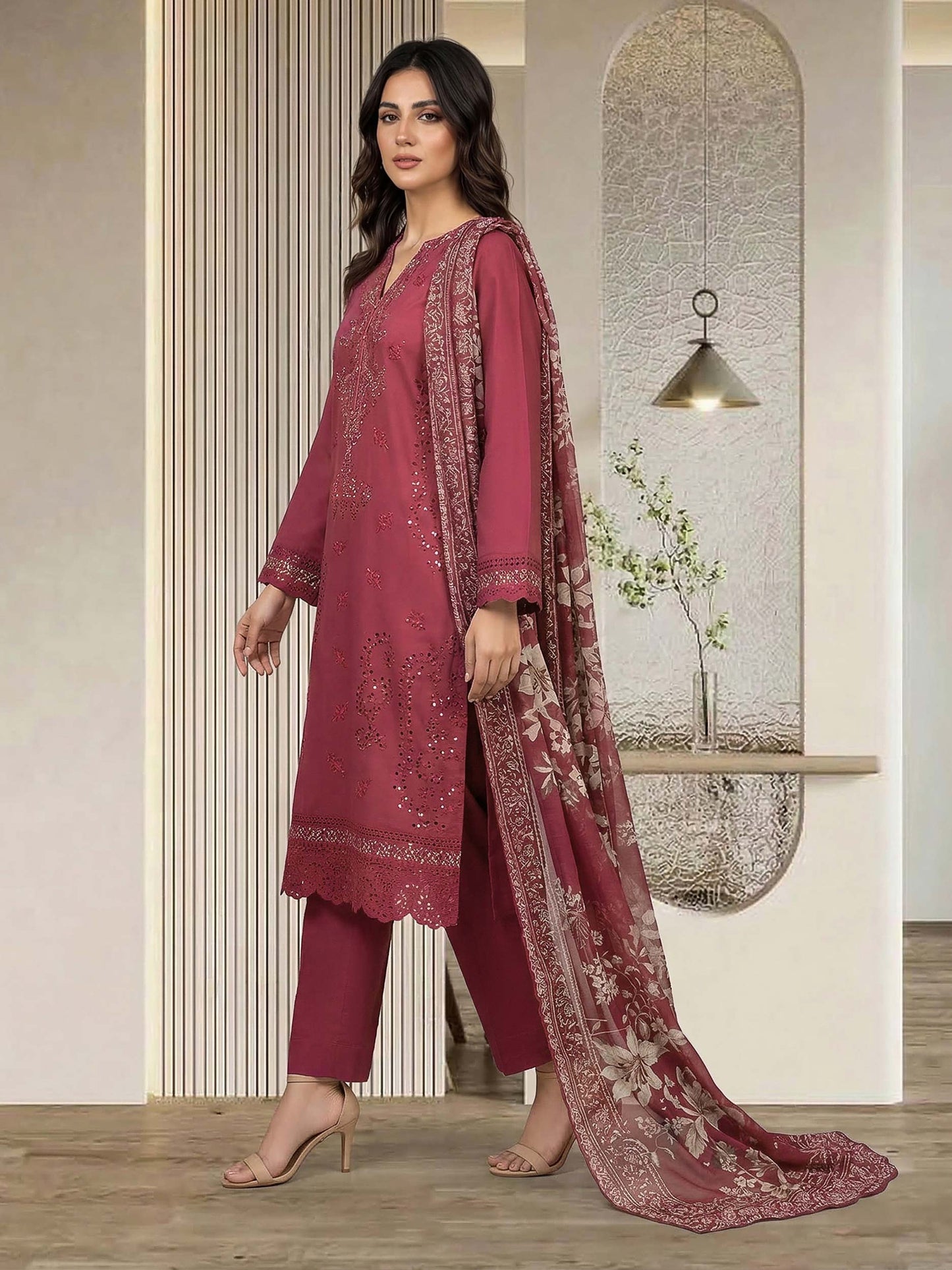 3 Piece Cambric Slub Suit- Embroidered (Pret)