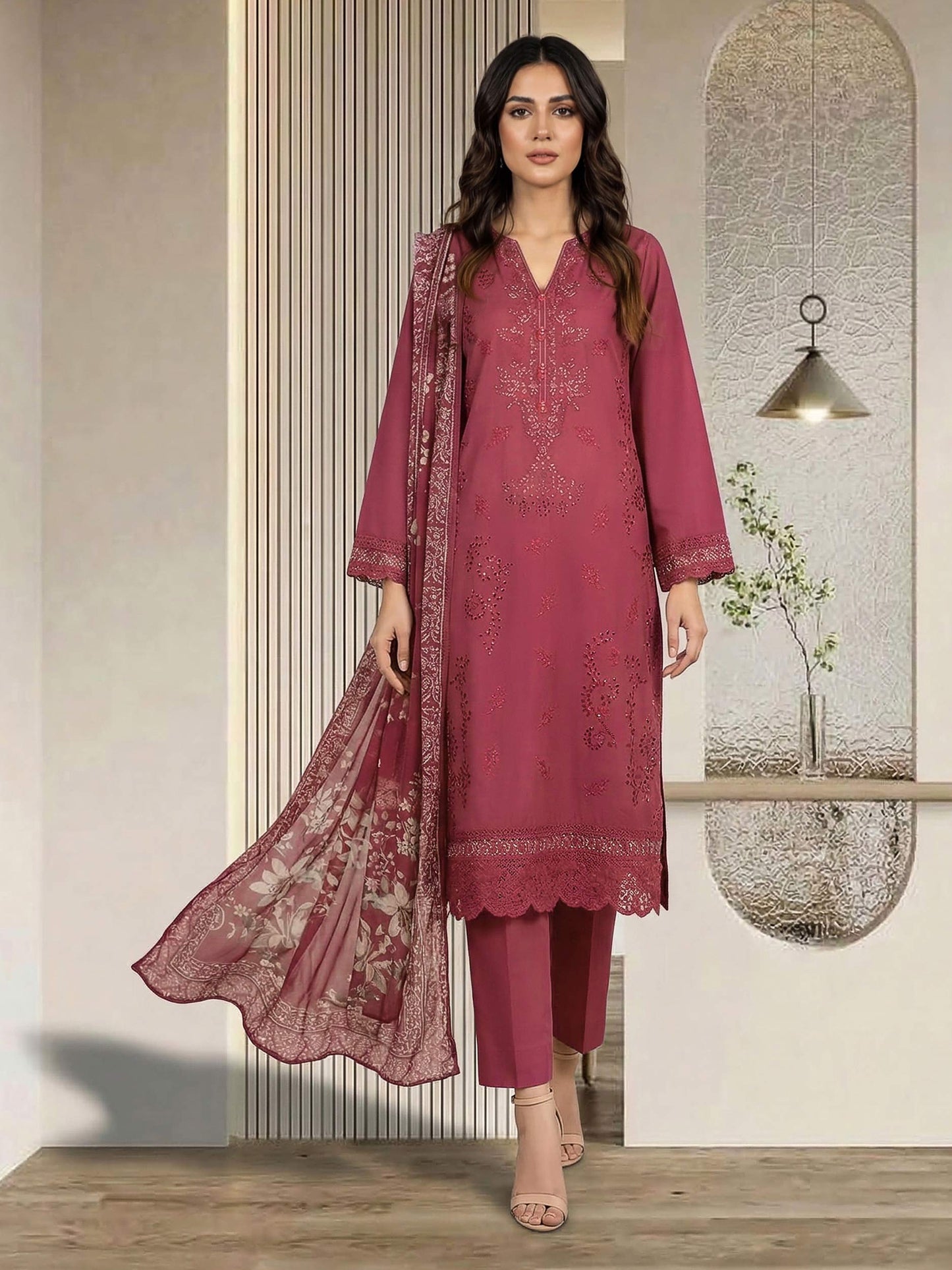 3 Piece Cambric Slub Suit- Embroidered (Pret)