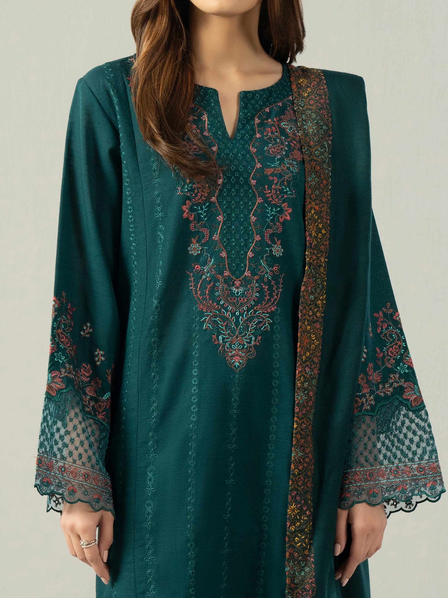 3-Piece Slub Khaddar Suit- Embroidered (Pret)
