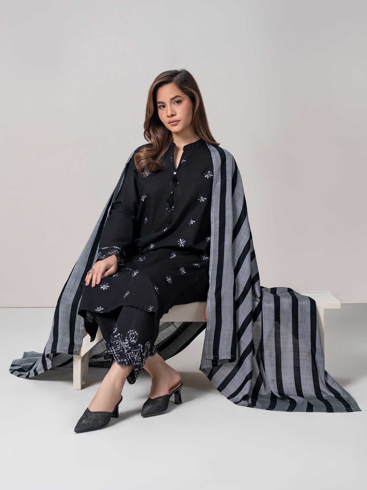 3 Piece Slub Khaddar Suit- Embroidered (Pret)