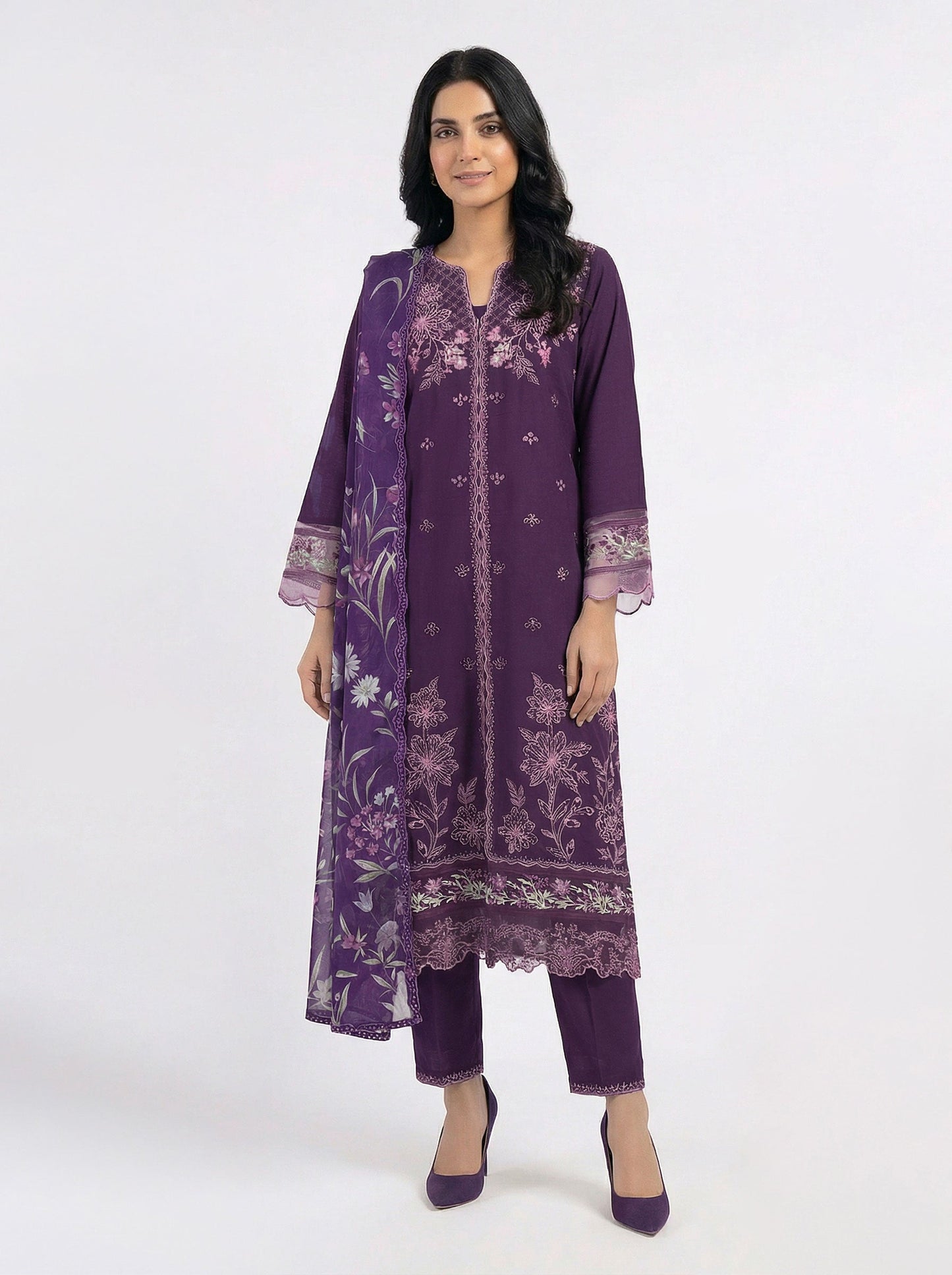 3 Piece Satin Suit- Embroidered (Pret)