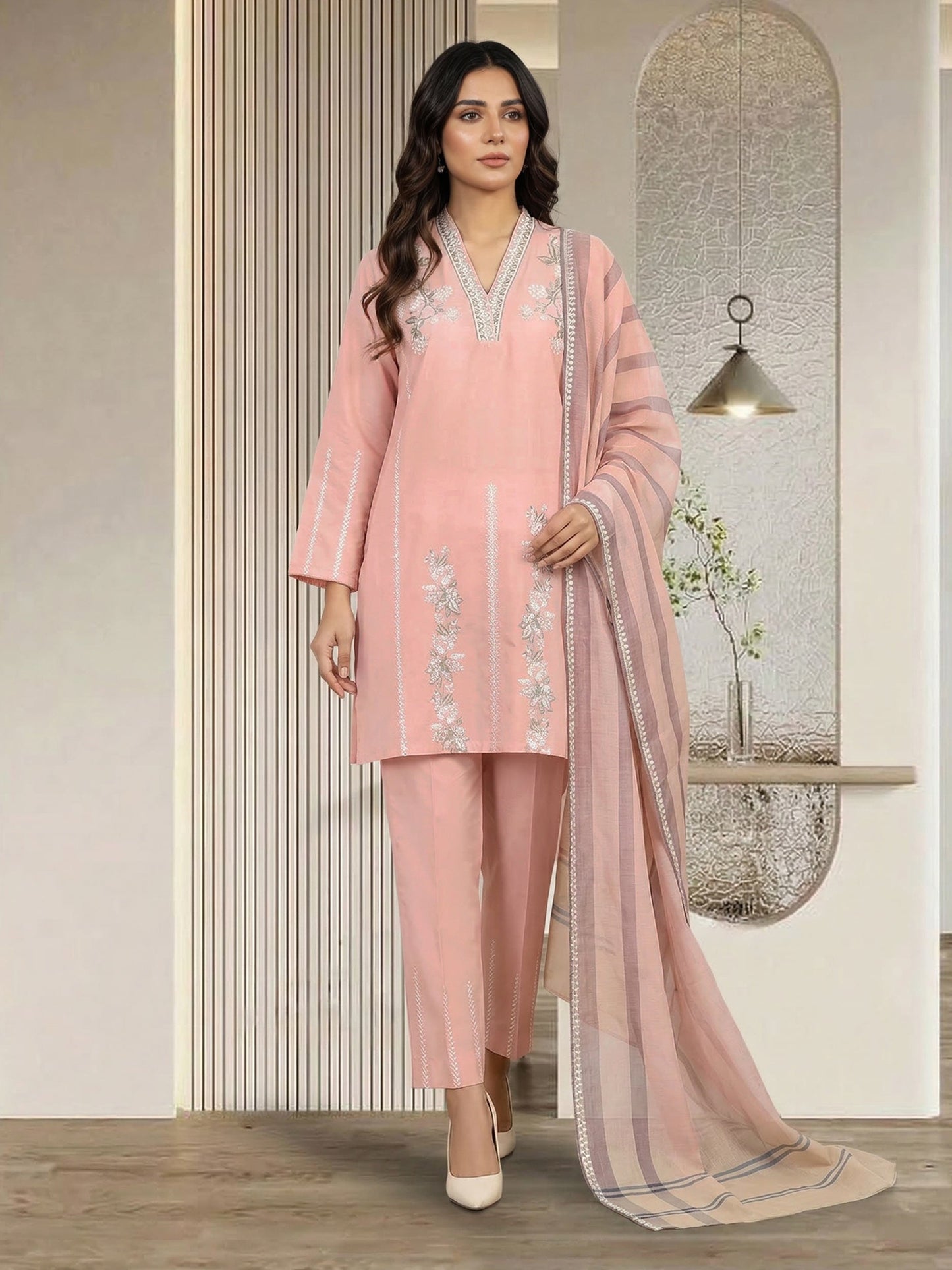 3 Piece Dobby Suit- Embroidered (Pret)