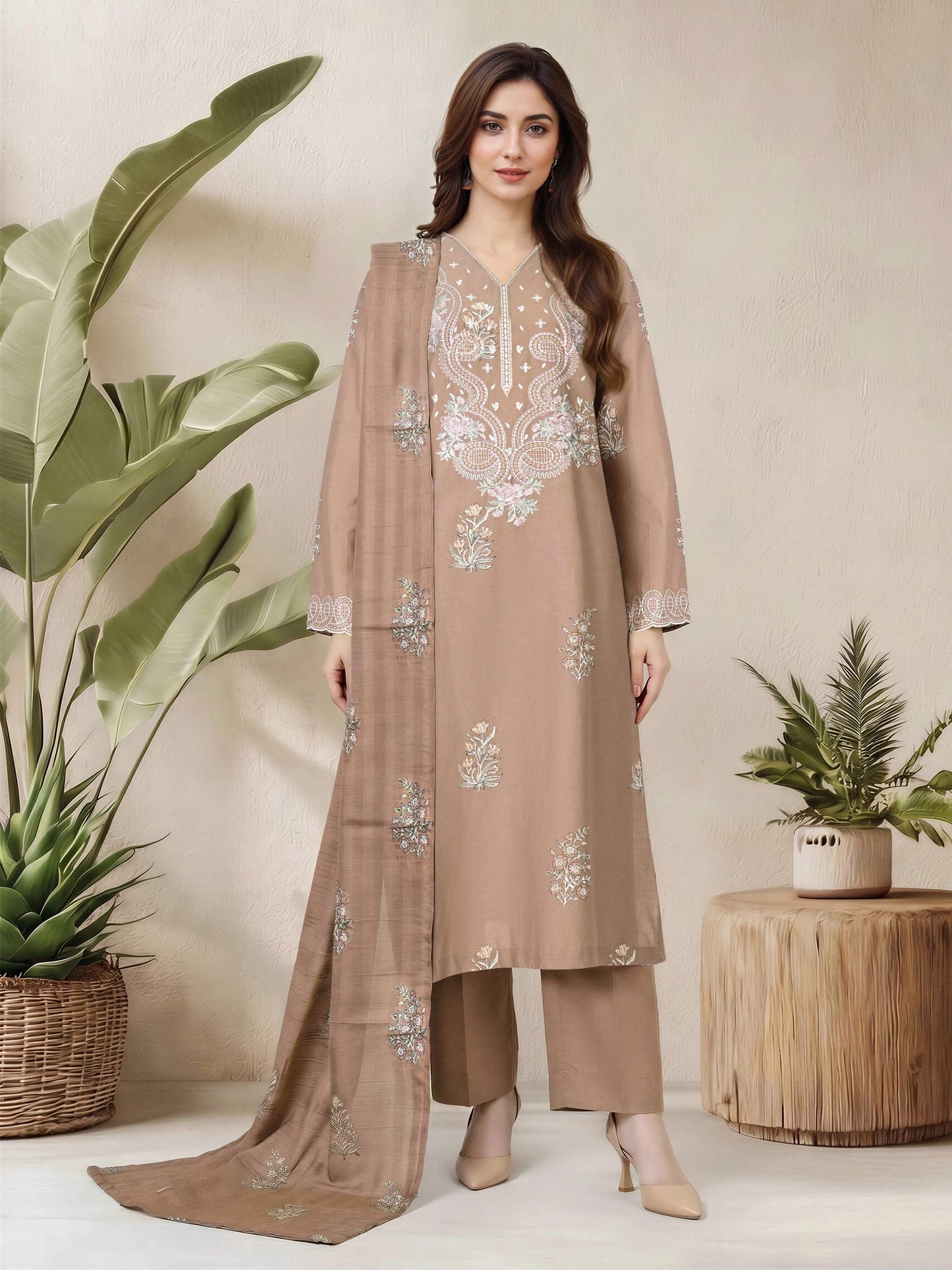 3 Piece Lawn Slub Suit- Embroidered (Pret)