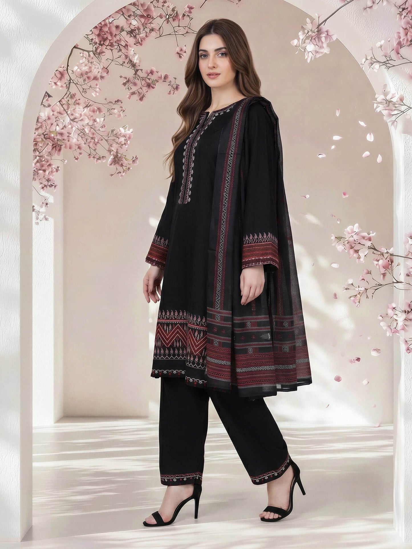 3 Piece Satin Suit- Embroidered (Pret)
