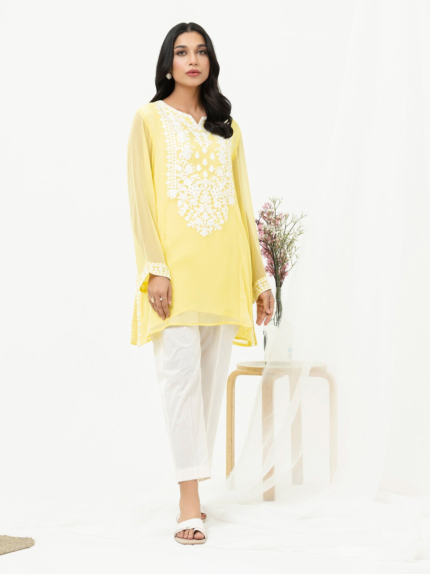 Crinkle Chiffon Kurti- Embroidered (Pret)