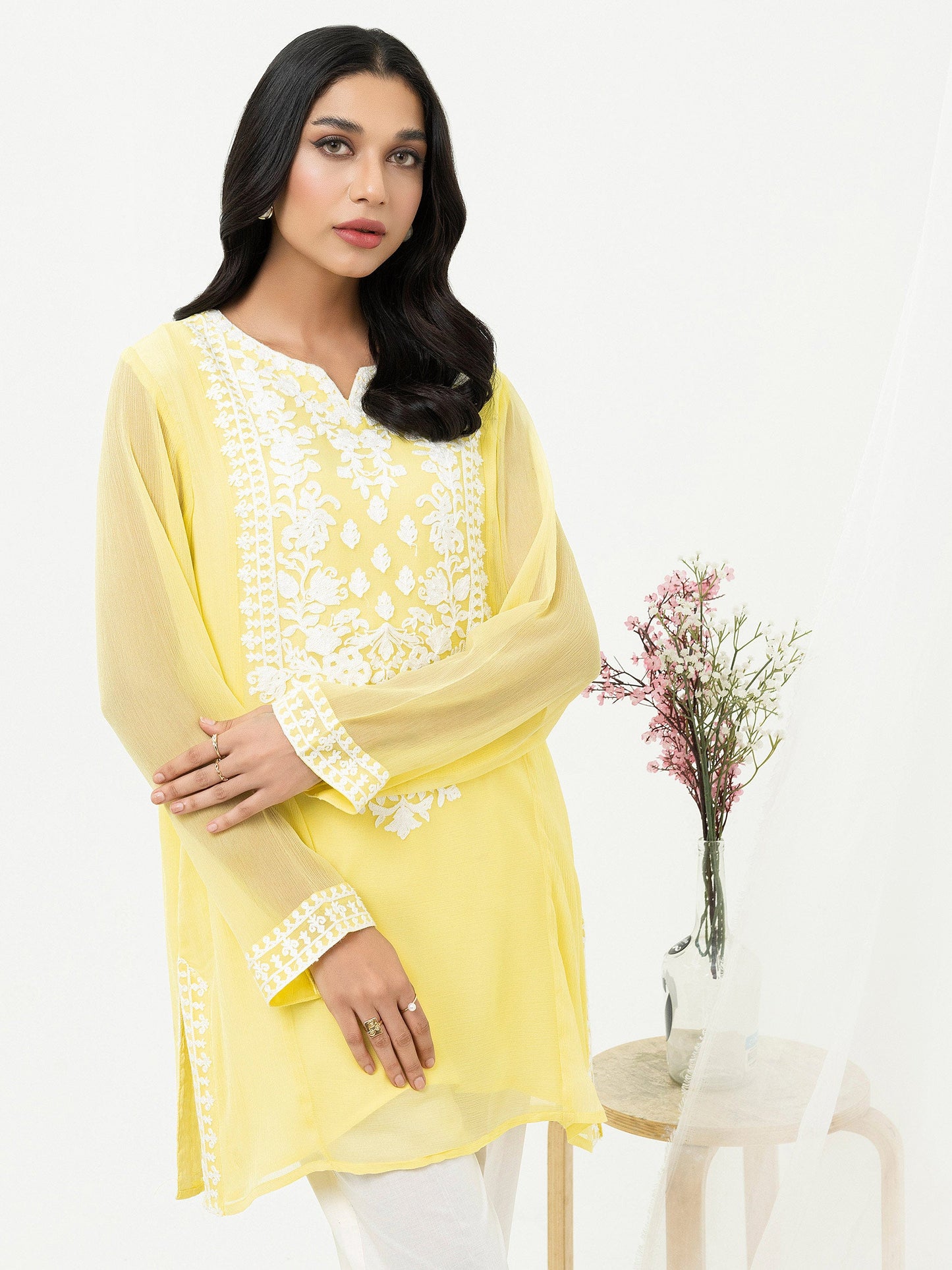 Crinkle Chiffon Kurti- Embroidered (Pret)