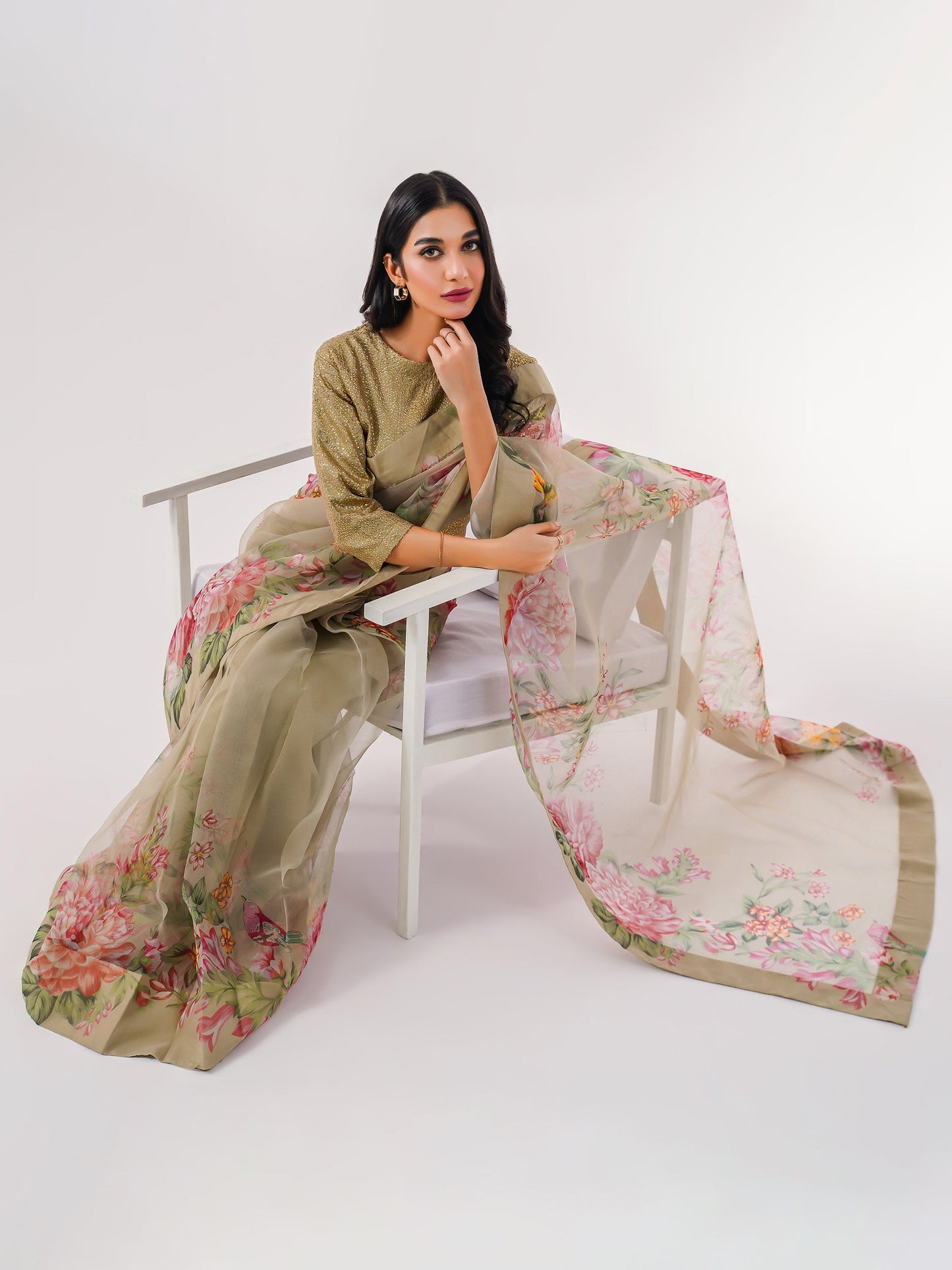 3 Piece Organza Saree-Embroidered (Pret)