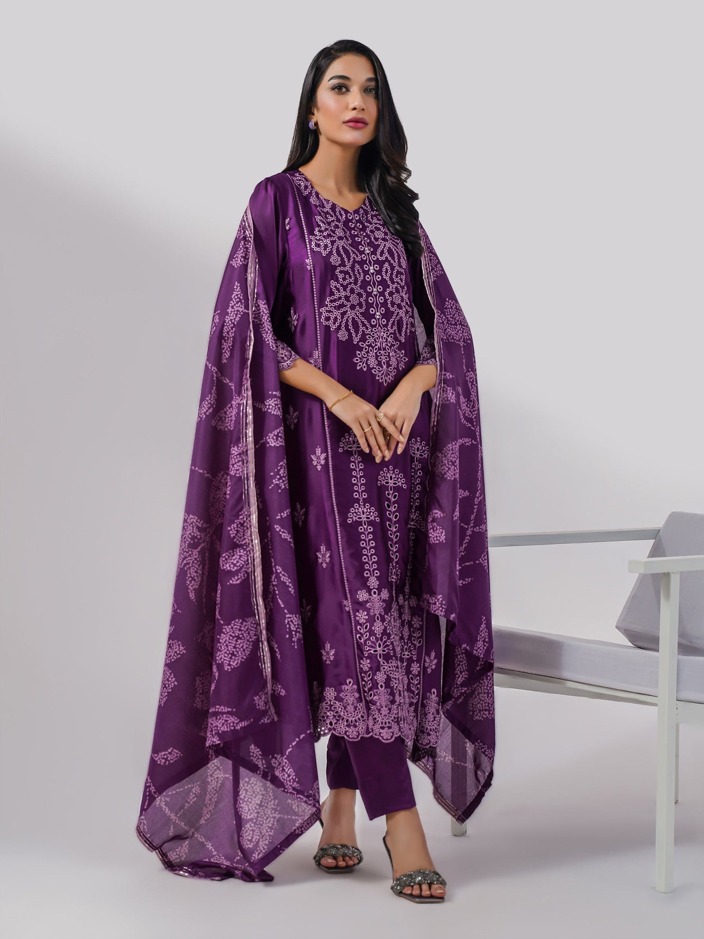 3 Piece Silk Suit-Embroidered (Pret)