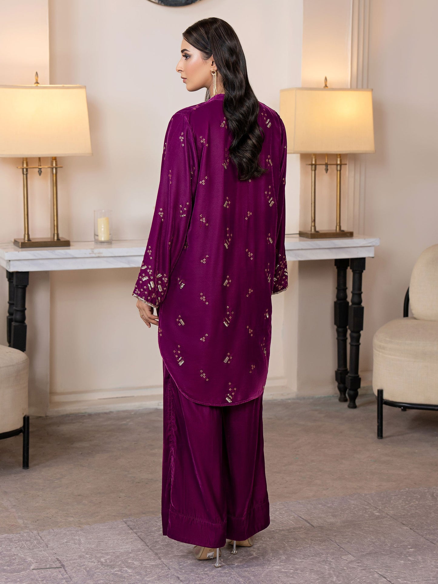 2 Piece Velvet Suit-Embroidered(Pret)