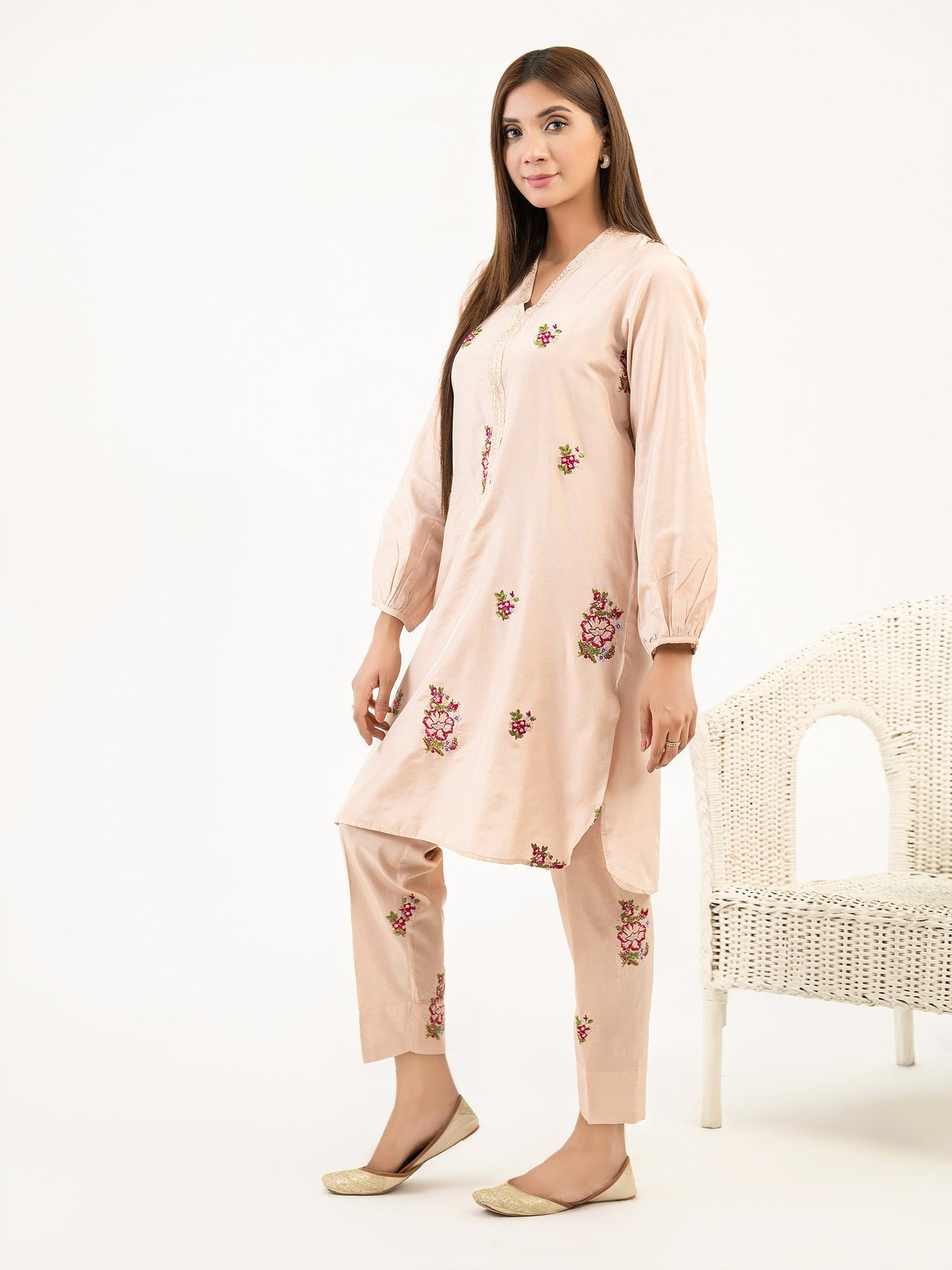 2 Piece Raw Silk Suit-Embroidered (Pret)