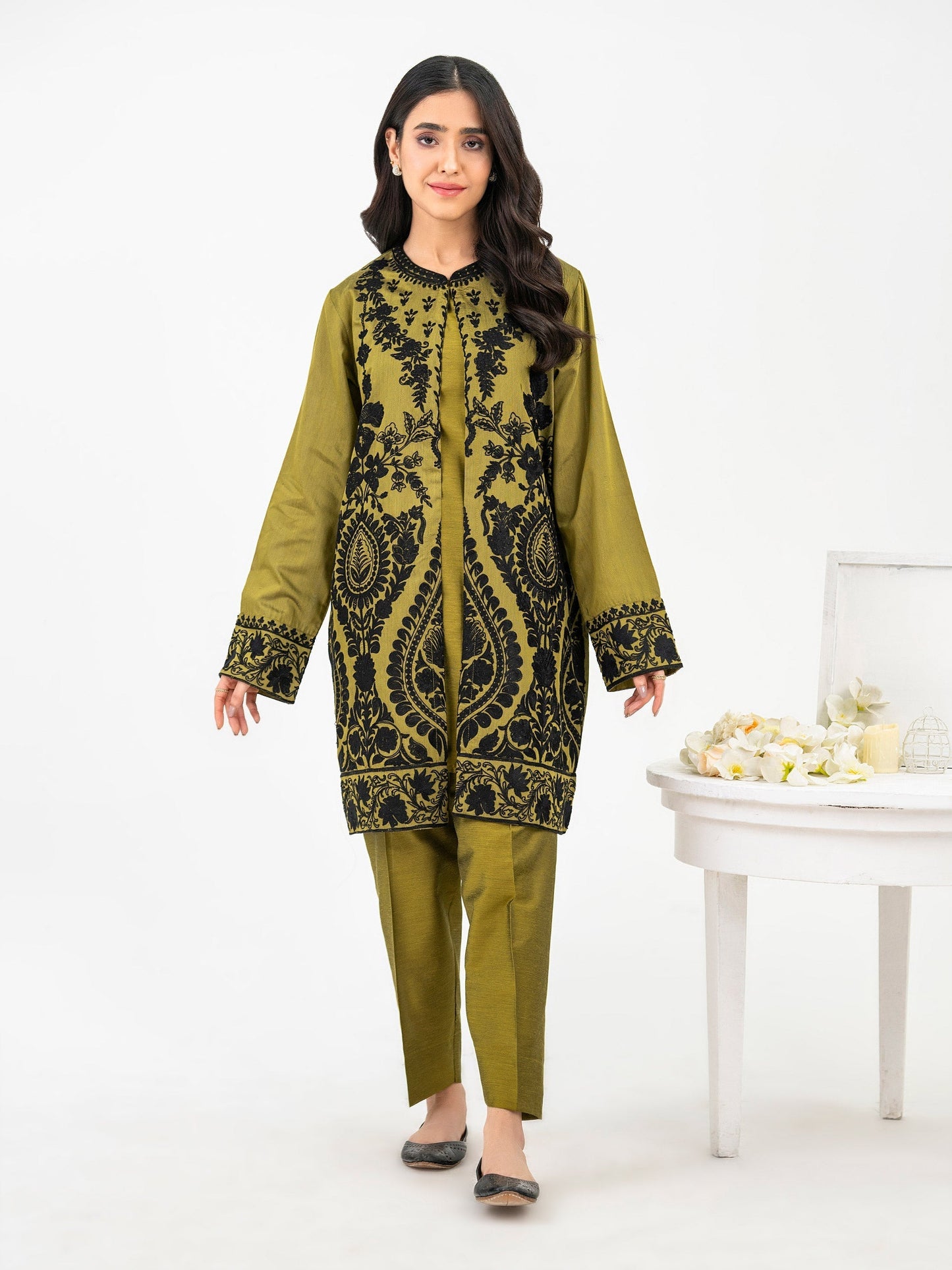 3 Piece Raw Silk Suit-Embroidered (Pret)